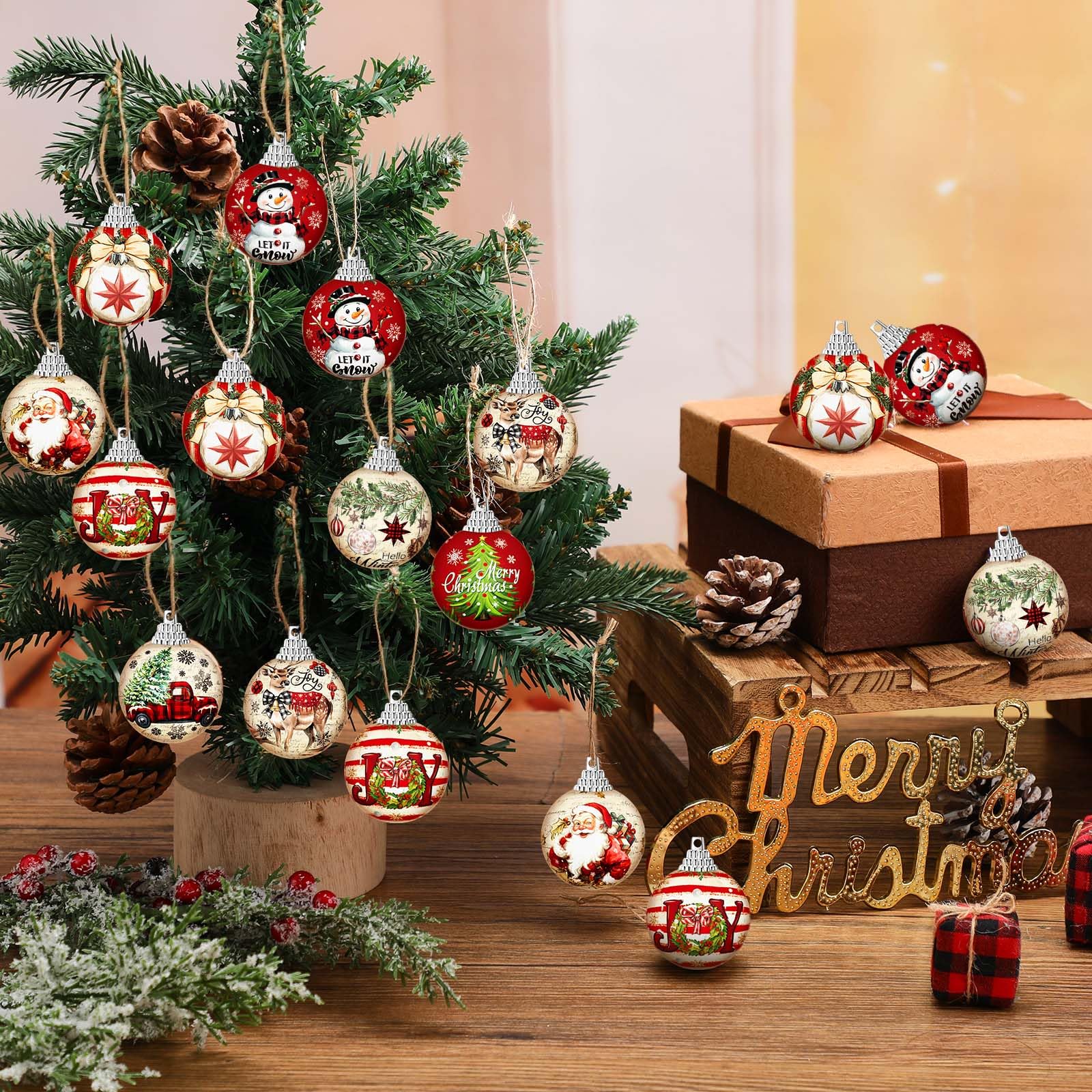 Outus 16 Pcs Christmas Ball Ornaments for Tree Merry Christmas Snow Joy Hanging Ornaments Xmas Santa Claus Snowman Balls for Tre