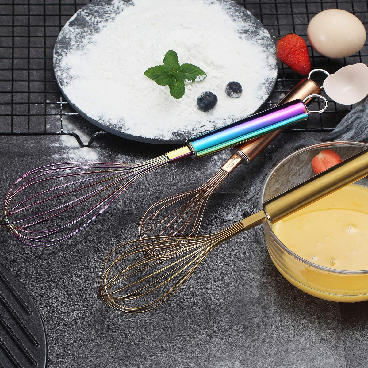Berglander Colorful Whisk Pack Of 3 Stainless Steel 8'' Gold Whisks For Cooking, 10'' Rose Gold Whisk, 12'' Rainbow Whisk, Wire