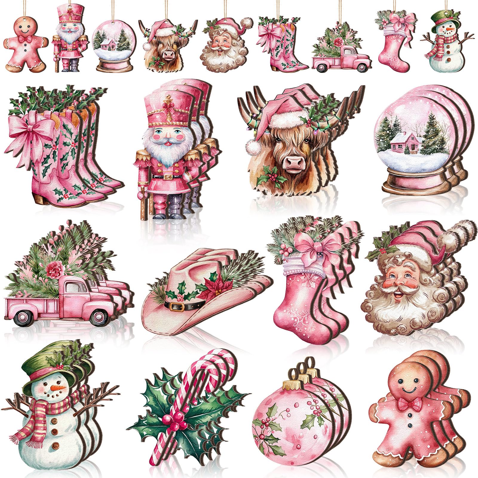 Huwena 36 Pcs Pink Christmas Ornaments Wooden Western Christmas Decorations for Tree Nutcracker Gingerbread Man Cowgirl Boots Ha