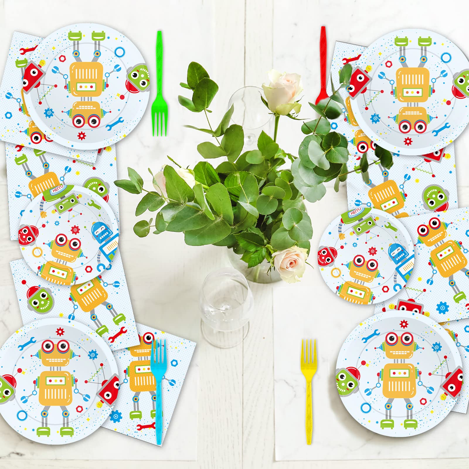96pcs Robot Birthday Party Supplies Pack Robot Party Plates Napkins Forks Kit Disposable Tableware Set Robots Theme Party Baby Shower Decorations Favors For Boy  Serve 24