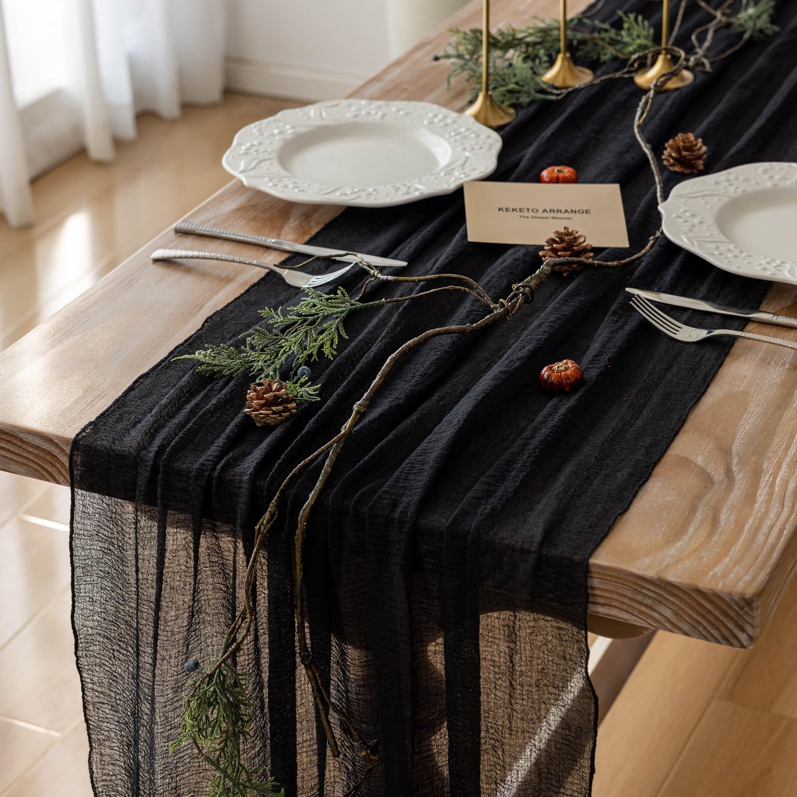 Keketo Halloween Table Runner Black Cheesecloth Gauze Rustic Premium Cotton Cheese Cloth Table Runner 120 Inch 10 Ft For Wedding