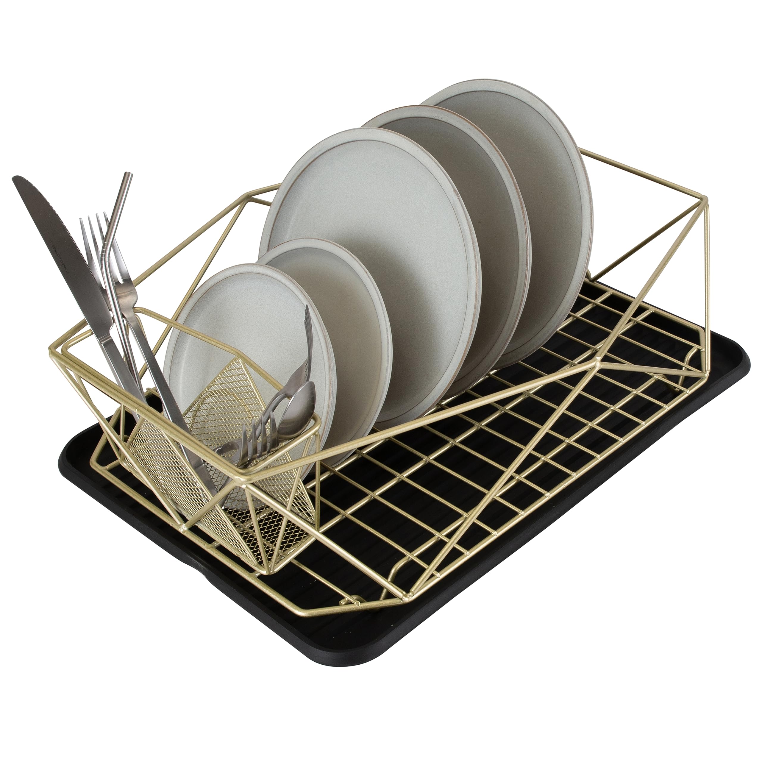 Kitchen Details Geode Deluxe Dish Drying Rack With Drain Board | Cutlery Basket | Utensil Holder | Iron Frame | Satin Gold