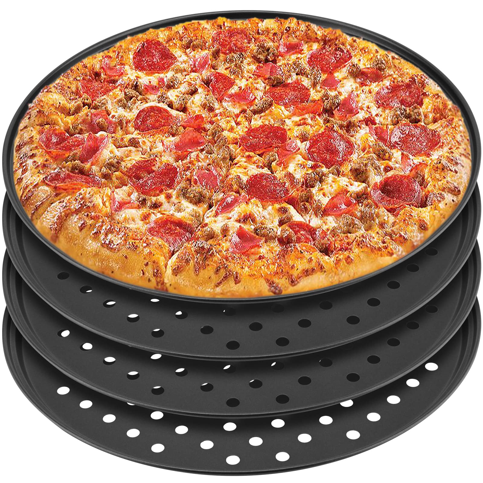 Manchap 4 Pack 12 Inch Round Pizza Baking Pan With Holes, Pizza Pan For Oven, Carbon Steel Non-Stick Pizza Crisper Pan For Home