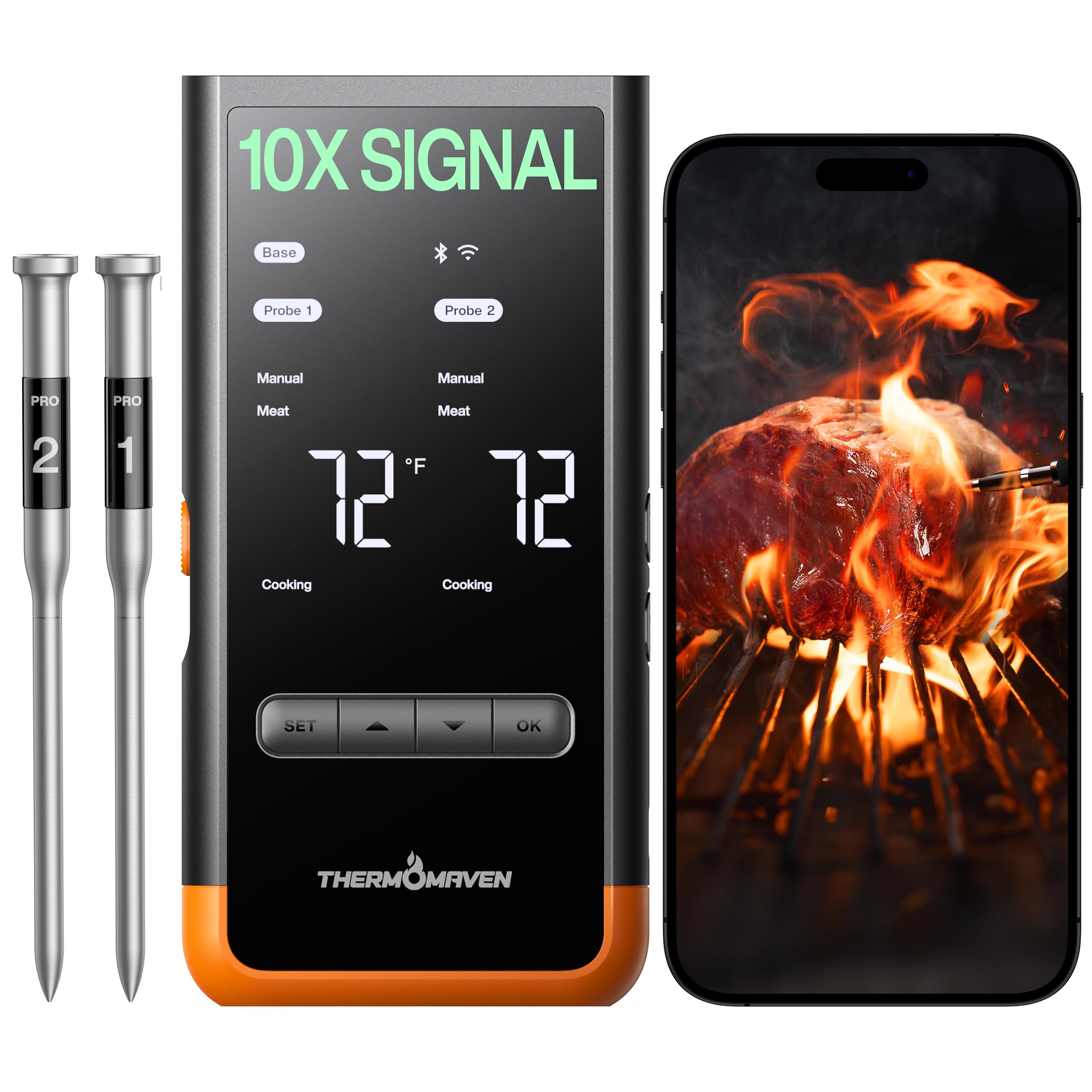 ThermoMaven Wireless Bluetooth Smart Meat Thermometer: Standalone Base, Smart WiFi Thermometer with Sub-1G, 6 Sensors NIST Certi