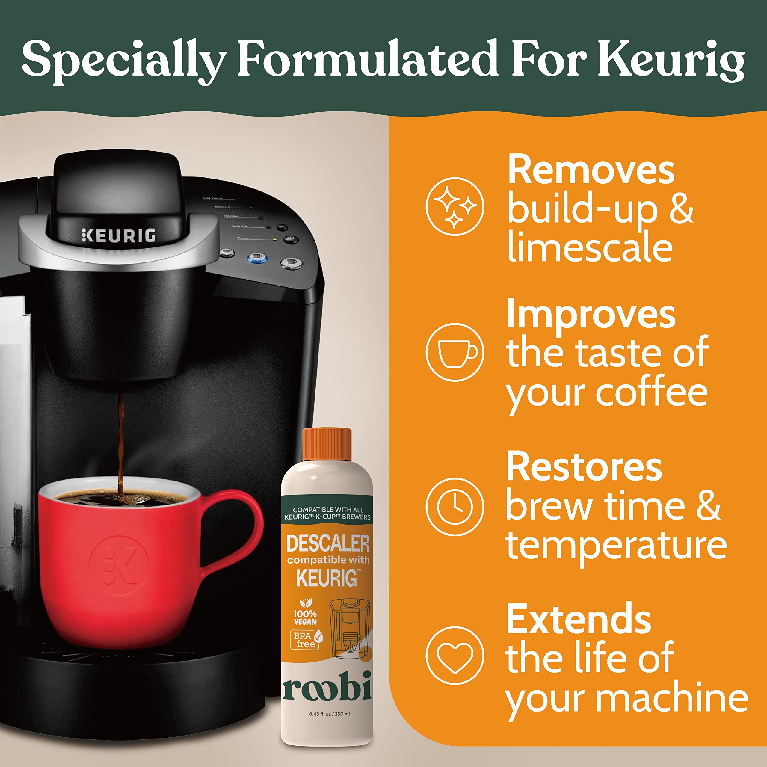 Roobi Keurig Compatible Descaling Solution & Cleaner. Specially Formulated For Keurig Descaling & Cleaning. 2 Uses Per Bottle, 2
