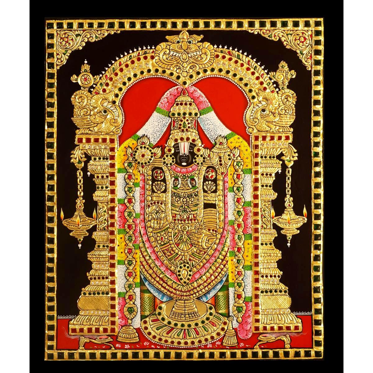 Tarang Arts Lord Tirupati Balaji Tanjore Paintings With Wooden Mani Frame, 3D Embose Design, 22-Carat Gold Foil & Jaipur Stones