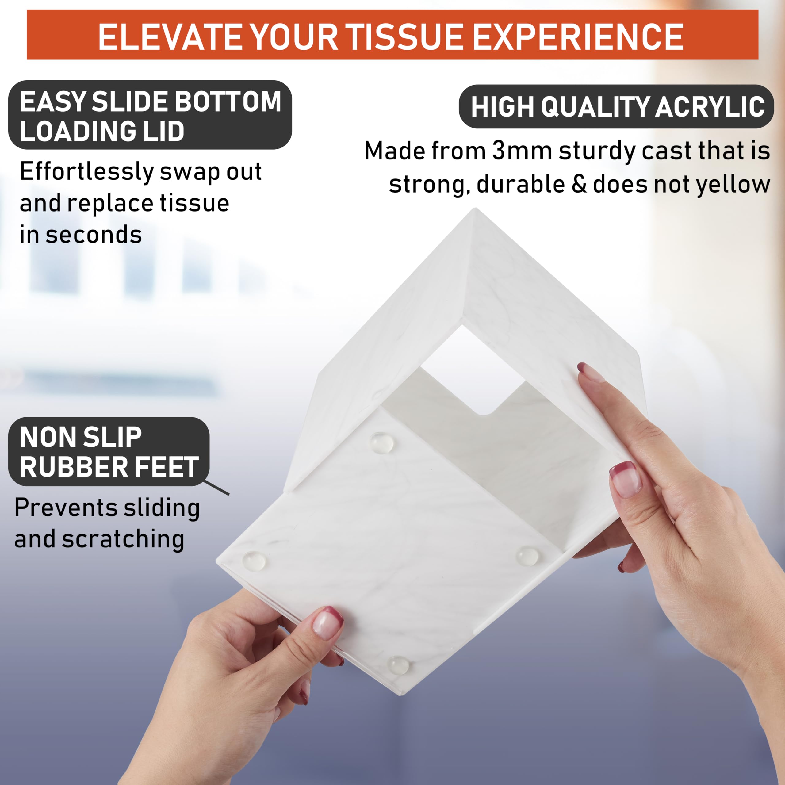 Acrylic Tissue Box Holder  Square Tissue Box Dispenser for Facial Tissue  Napkins  Dryer Sheets. Perfect for Bathroom  Desks  Countertop  Vanity  Bedroom Dressers  Night Stands (Square  Marble)