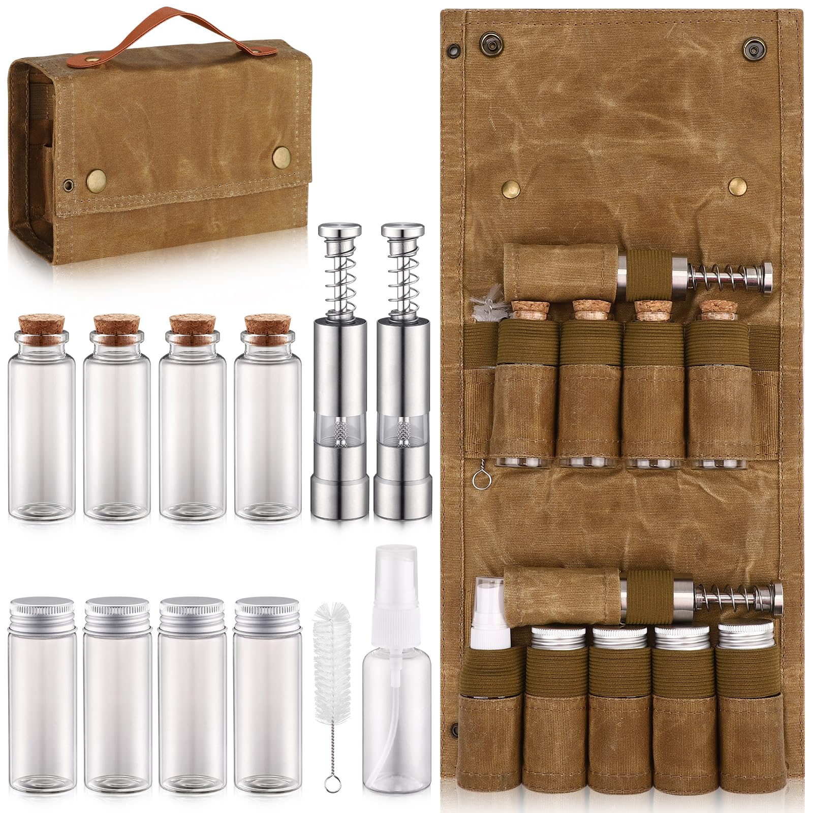 TOBWOLF Camping Spice Kit with 9 Jars, 2 Salt/Pepper Grinders, Portable Spice Bag, Foldable Canvas Seasoning Storage Bag Organiz