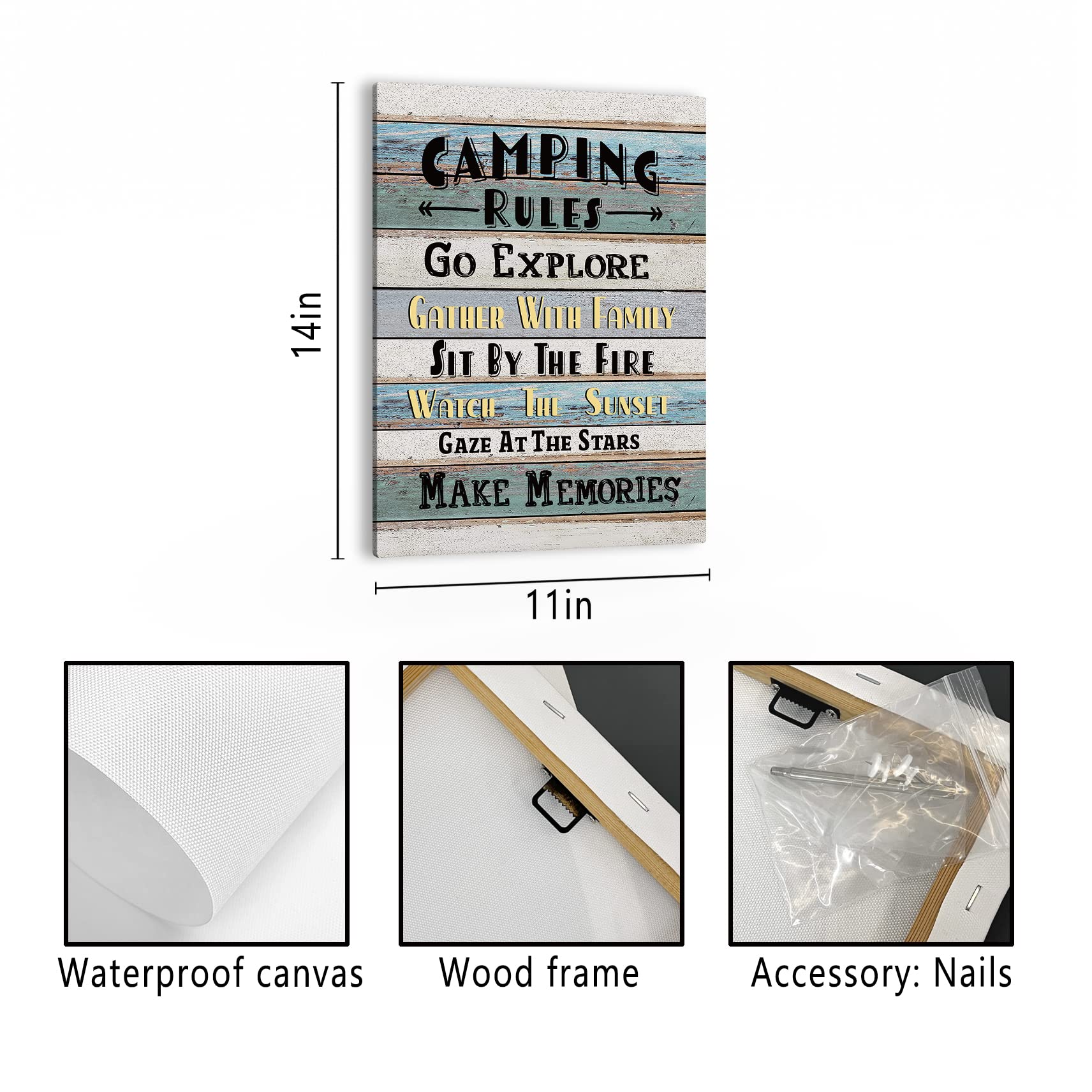 Phamte Funny Camping Rules Quote Wall Art, Farmhouse Rustic Camping Rules Camper Signs Print Framed Canvas Painting Artwork Rv H