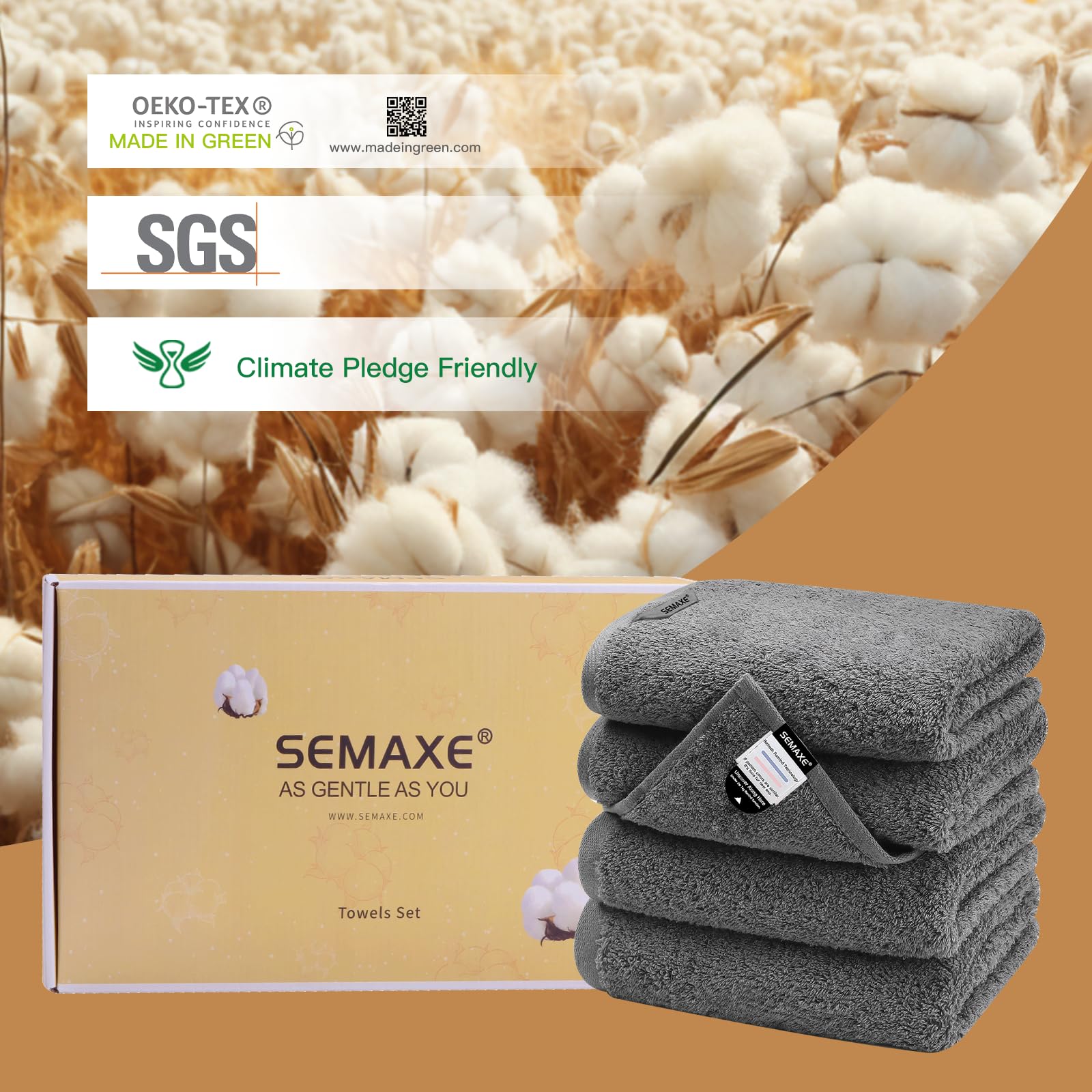 Semaxe Hand Towel For Bathroom Set Of 4,100% Cotton Grey Towels With Hanging Loops, Hotel Spa Quality Absorbent Towels, 27'' L X