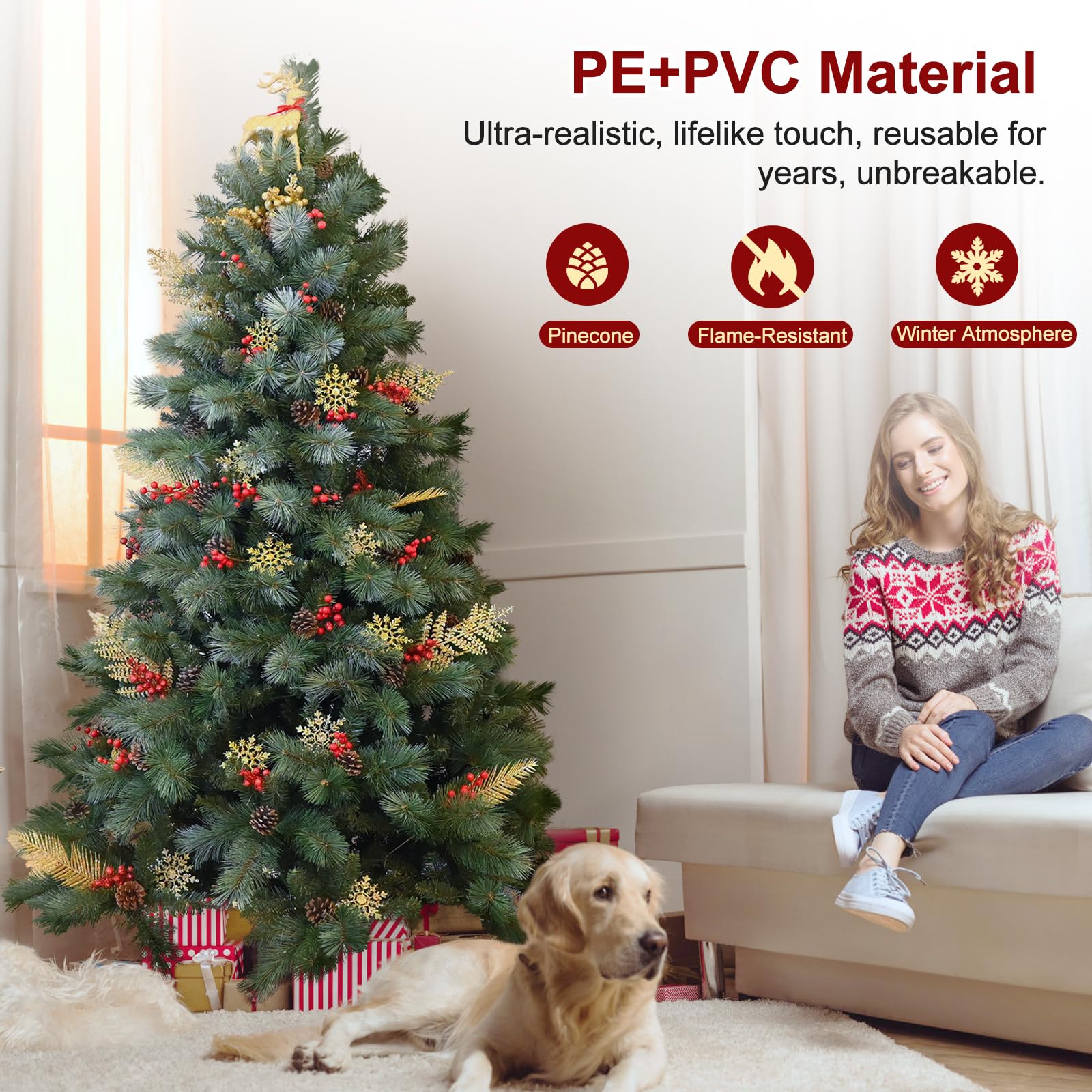 Blusxwish 9ft Snow Tips Christmas Tree with Pine Cones, Pre-Decorated & Easy Setup Unlit Hinged Artificial Xmas Tree for Indoor