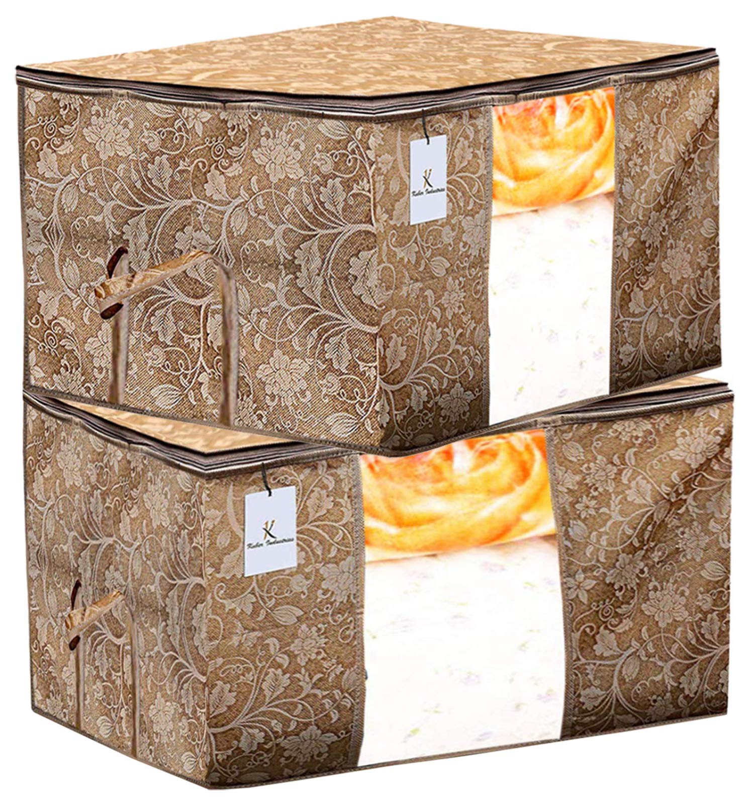 Kuber Industries Metalic Printed 2 Pieces Non Woven Fabric Underbed Storage Bag, Cloth Organiser, Blanket Cover With Transparent