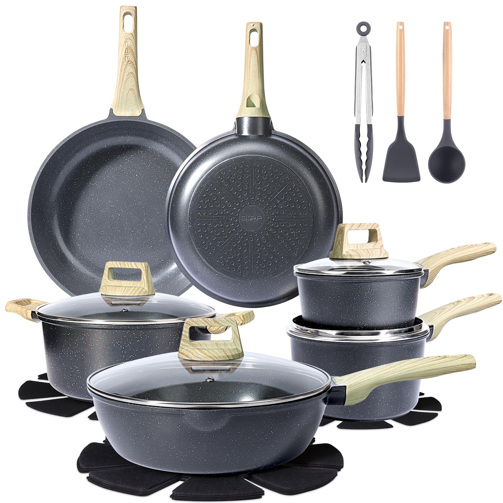 GiPP Ceramic Pots and Pans Set Non Stick  18 Pcs Nonstick Cookware Set, Nontoxic Healthy Kitchen Cooking Set w/Frying Pans Set