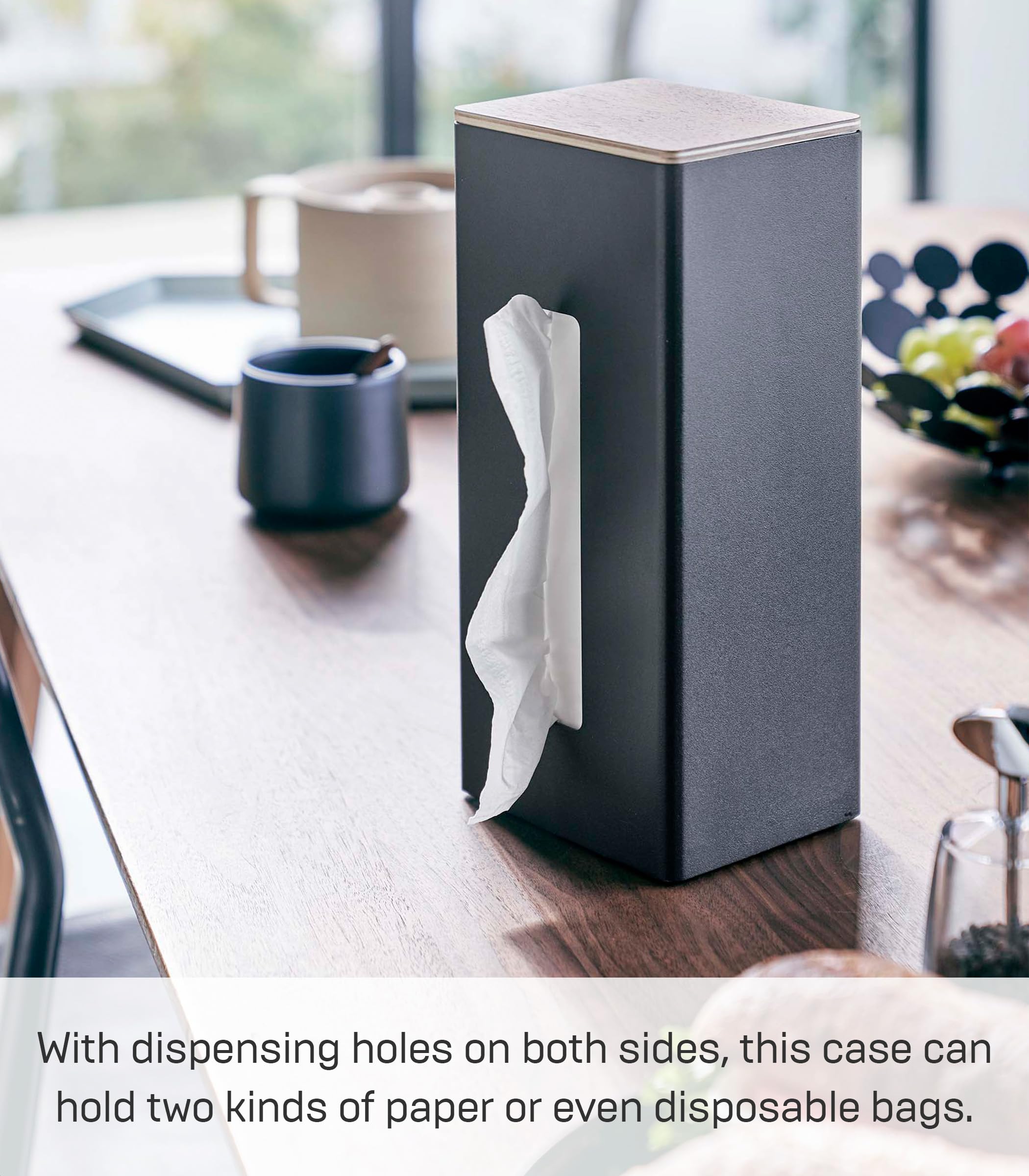 Vertical Double Sided Tissue Box Holder with Adjustable Divider- Metal Paper Or Bag Dispenser with Wooden Lid