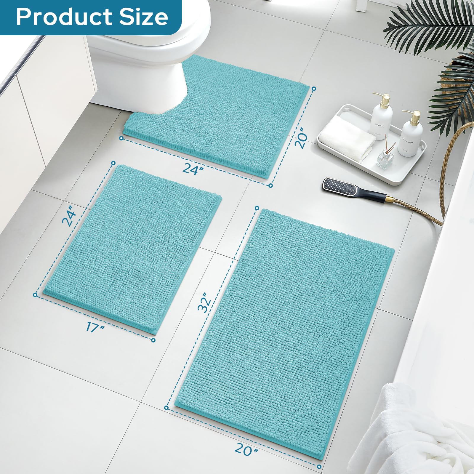 BYSURE Aqua Blue Bathroom Rugs Sets 3 Piece Non Slip Extra Absorbent Plush Chenille Soft Washable Bath Rugs and Mats Set