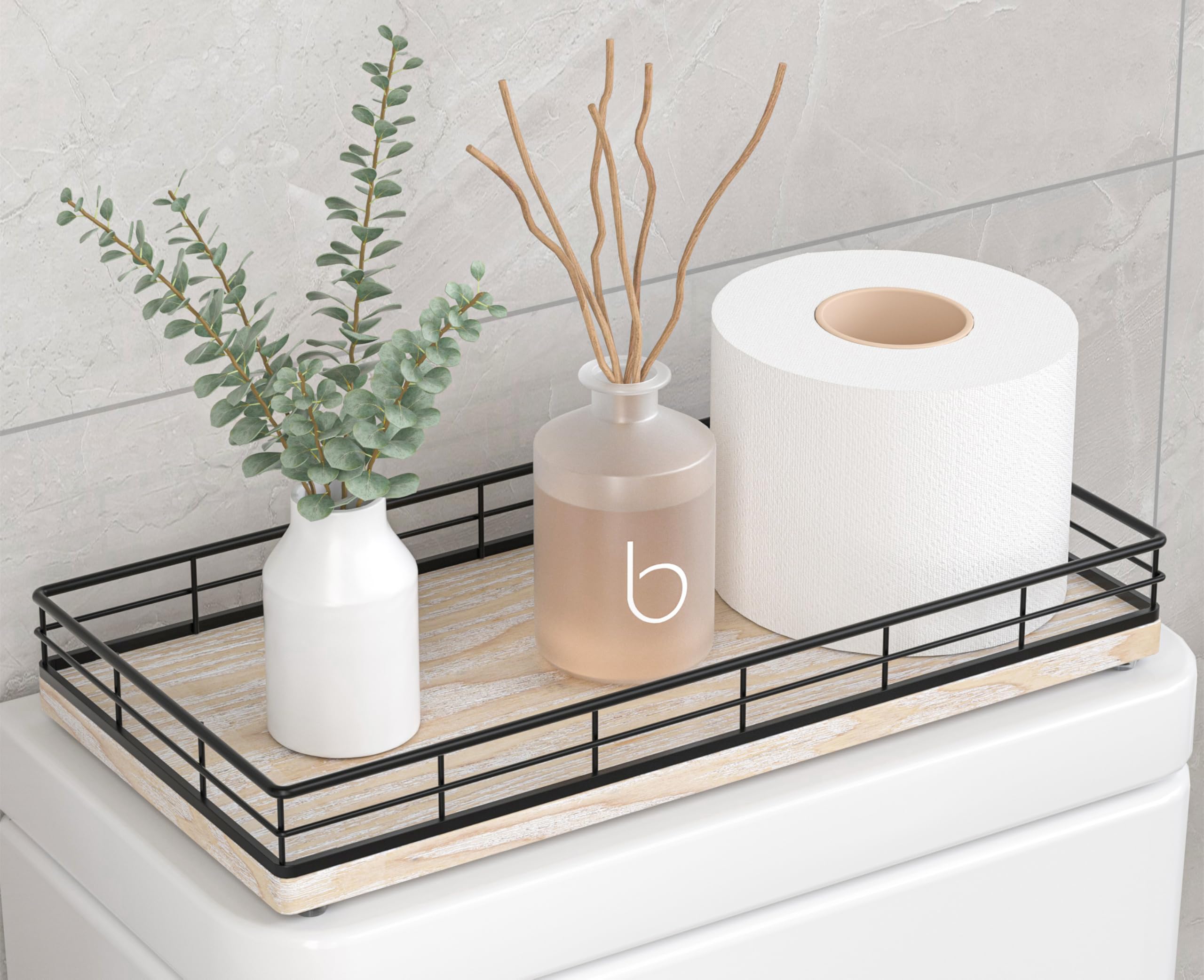 Toilet Paper Basket Organizer - Ash Wood Toilet Tank Tray with Metal Frame, Back of Tank or Top Bathroom Counter Storage - Black