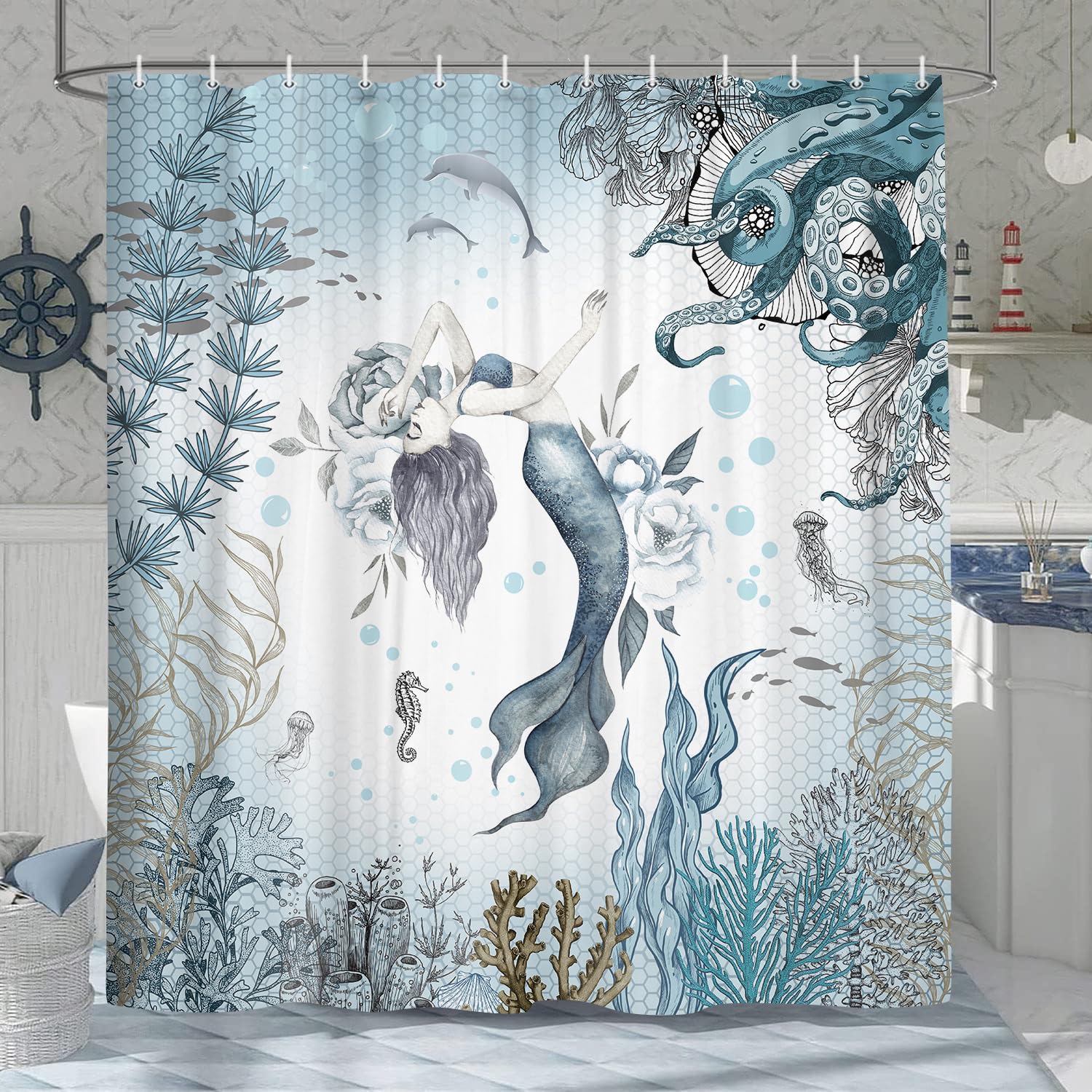 Mermaid Shower Curtain, Sea Ocean Octopus Coral Reef Fish Seashell Jellyfish Theme Waterproof Fabric Bathroom Curtains, Teal And