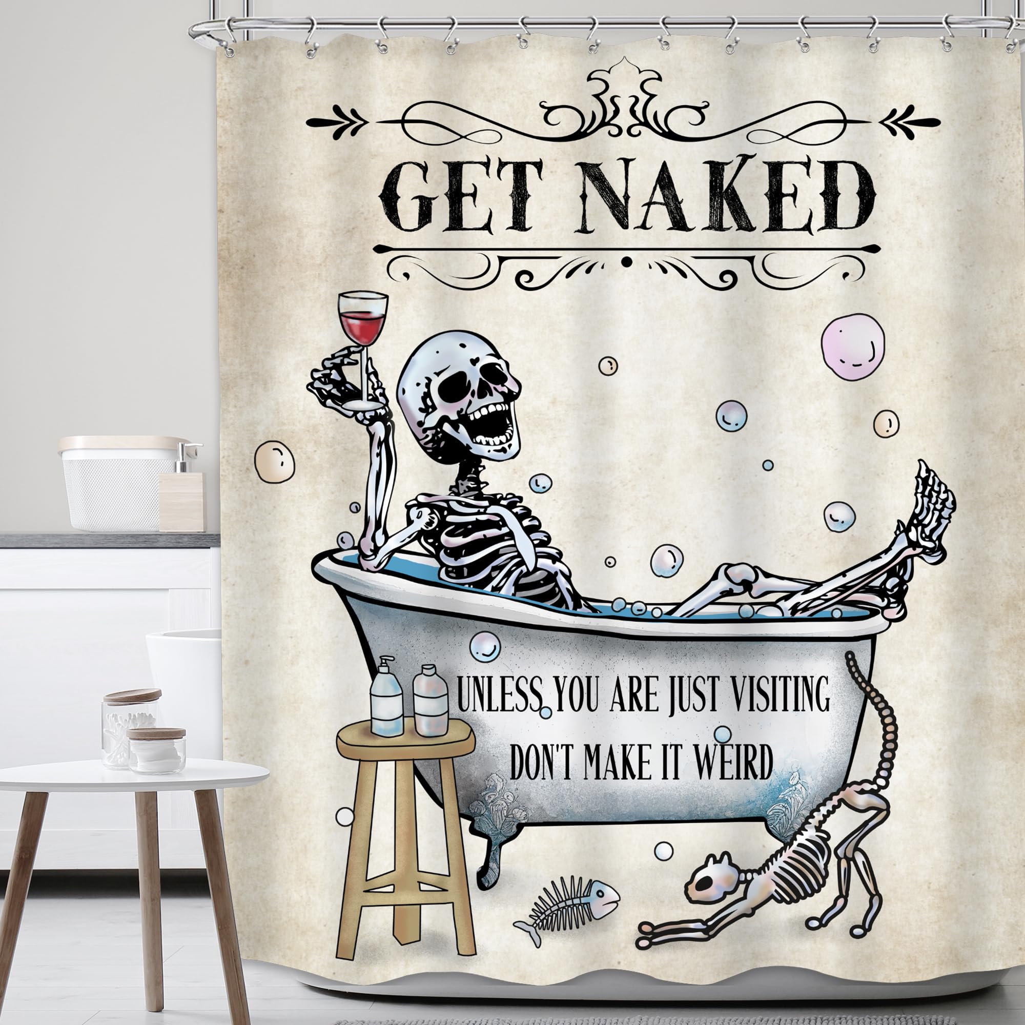 Mitpok Funny Skull Skeleton Shower Curtain Extra Long Cool Unique Gothic Spooky Bone In Bathtub Cat Horror Halloween Bathroom De
