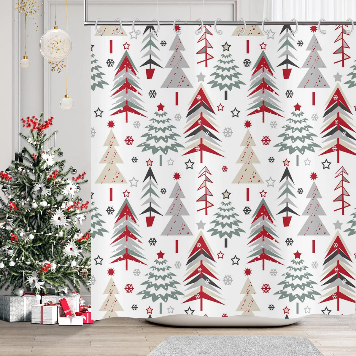 Gcirec Merry Christmas Shower Curtain, Christmas Tree Red Stars Snow Snowflake New Year Winter Bathroom Curtain Waterproof Fabri