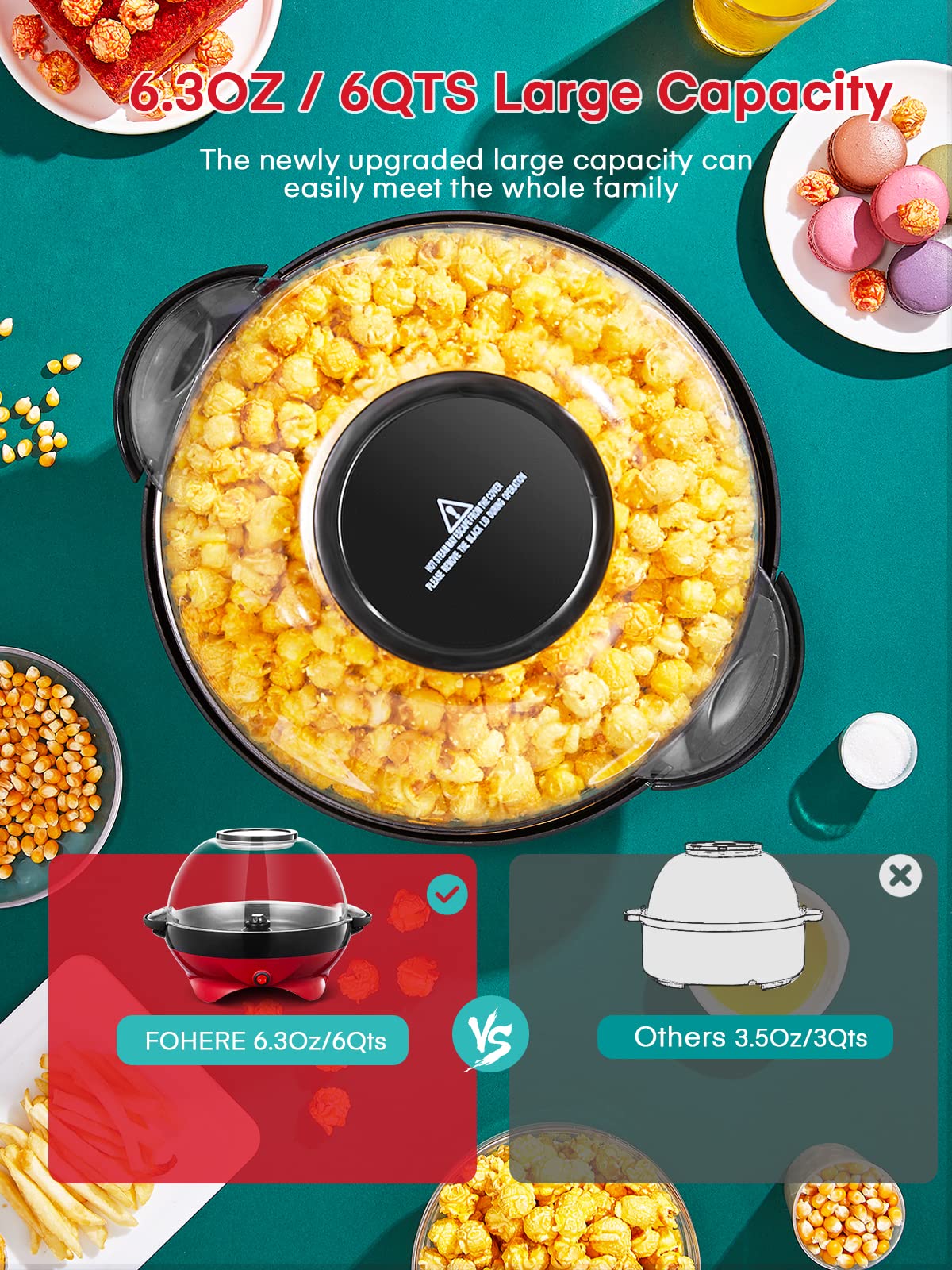 Popcorn Machine, 6 Qt Automatic Stirring Popcorn Maker, Electric Hot Oil Popcorn Popper, Diy Flavor,Detachable & Nonstick Plate,