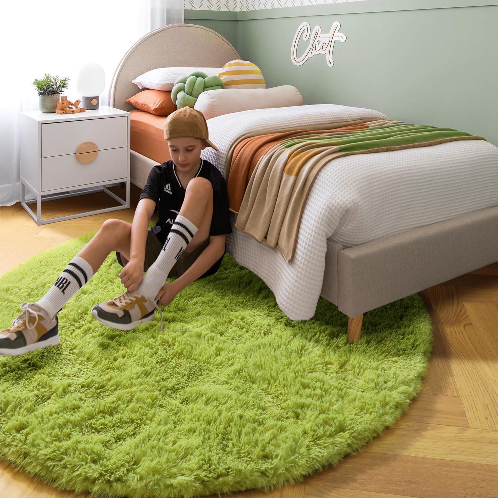 Amdrebio Grass Green Round Area Rug 7Ft for Living Room Bedroom Decor Aesthetic, Large Fluffy Shaggy Fuzzy Circle Rugs for Baby