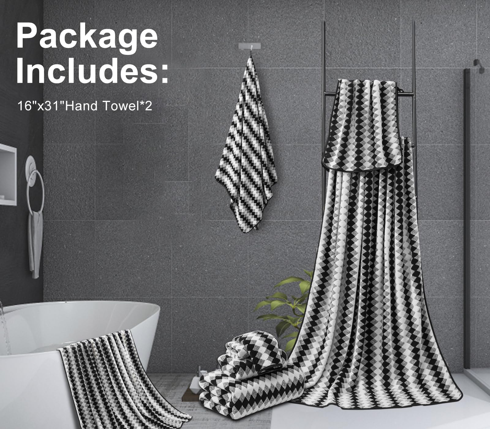 2 Hand Towel Set 16''X31'' Black White Towel Set For Bathroom,Highly Absorbent & Quick Dry Hand Towel For Daily Use,Soft Microfi