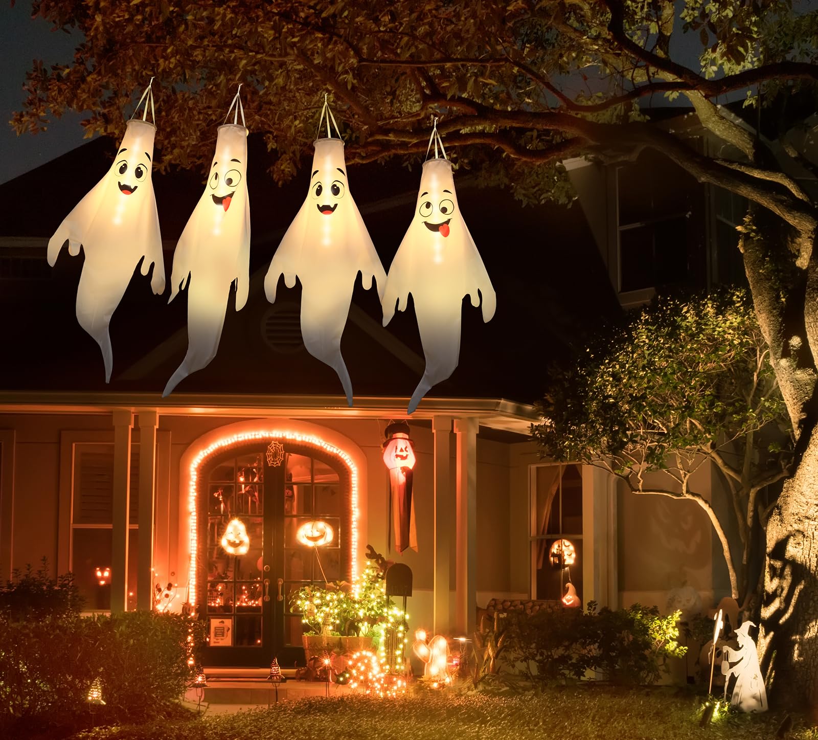 Btanadi Halloween Ghost Decorations Outdoor: with Timer, 4 Pcs Cute Hanging Ghost for Tree Porch Garden Yard, Waterproof LED Gho