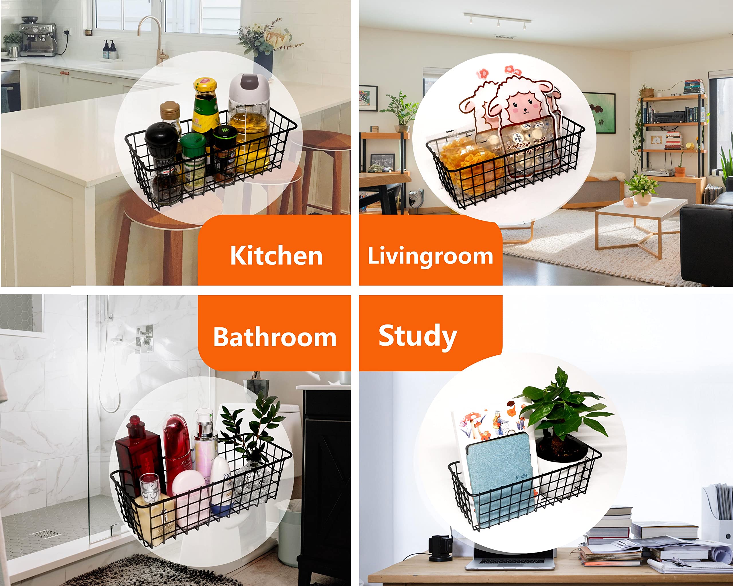 3 Set Hanging Wire Baskets Wall Mount Fruit Basket No Drilling Adhesive Small Metal Basket Farmhouse Food Storage Mesh Bin Kitchen Pantry Laundry Bathroom Closet Garage RV Black