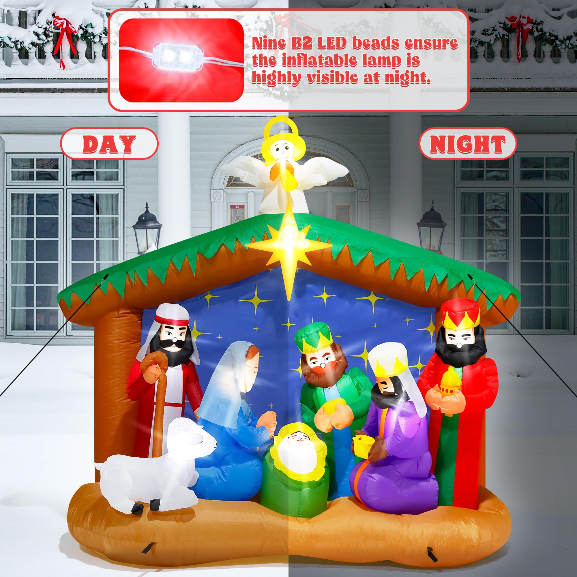 8FT Christmas Inflatables Nativity Scene, Blow Up Christmas Nativity Scene, LED Lighted The Birth of Jesus Scene Inflatables Dec