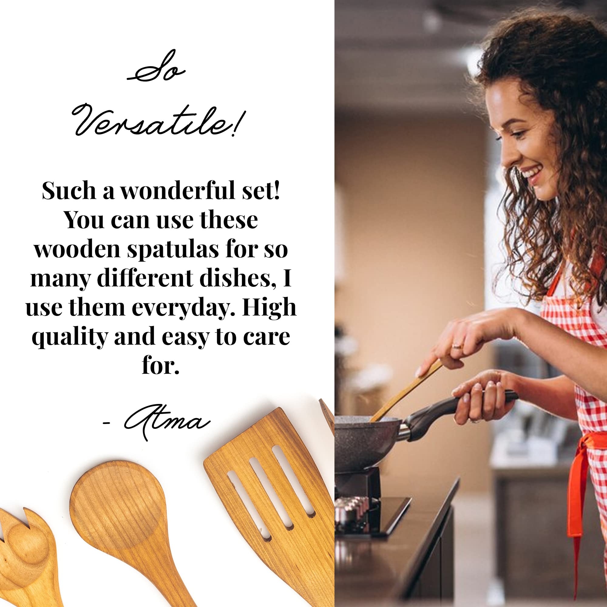 Tuuli Kitchen - 4-Piece Wooden Cooking Utensils Set, Solid Cherry Wood (Bbq Tongs, Kitchen Spoon, Fork And Spatula), Durable Woo