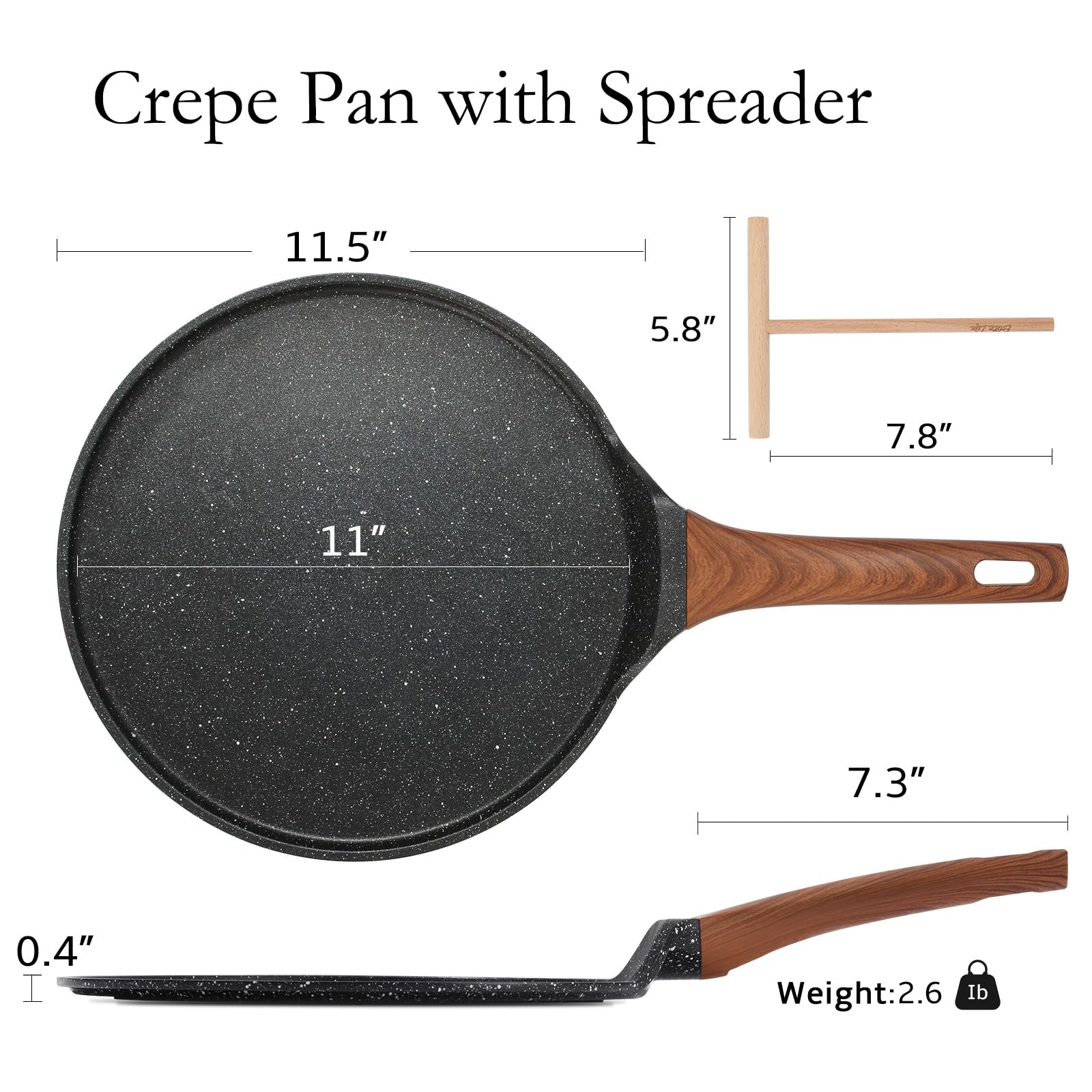 Eslite Life 11 Inch Crepe Pan With Spreader, Nonstick Ceramic Flat Skillet Dosa Tawa Comales Para Tortillas Pancake Pan, Ptfe &