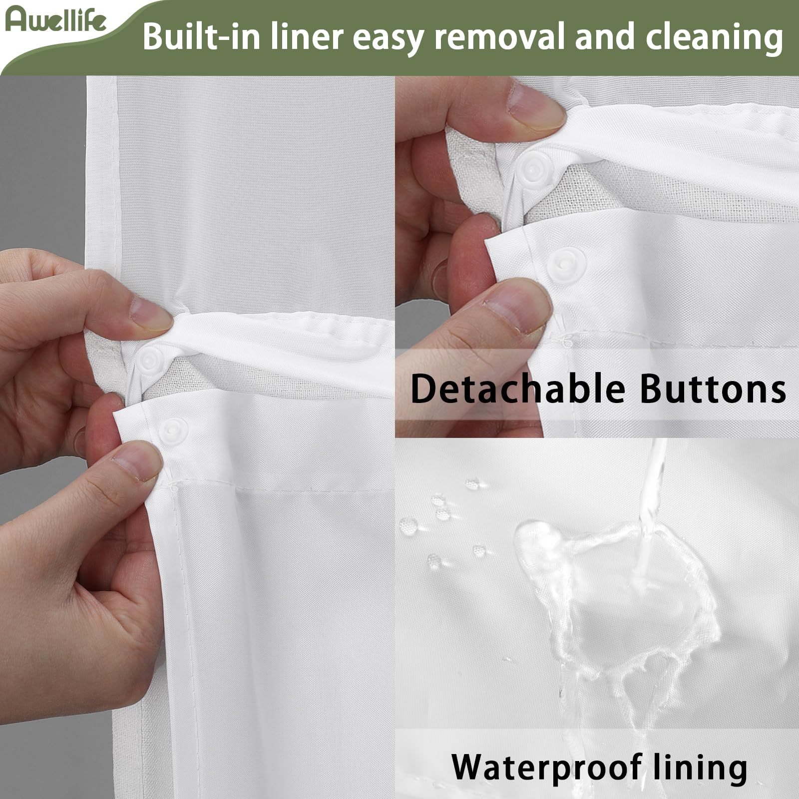 Awellife No Hook Shower Curtain With Snap In Liner Set Cotton And Linen Blend Shower Curtain For Bathroom Boho Green Striped 81'