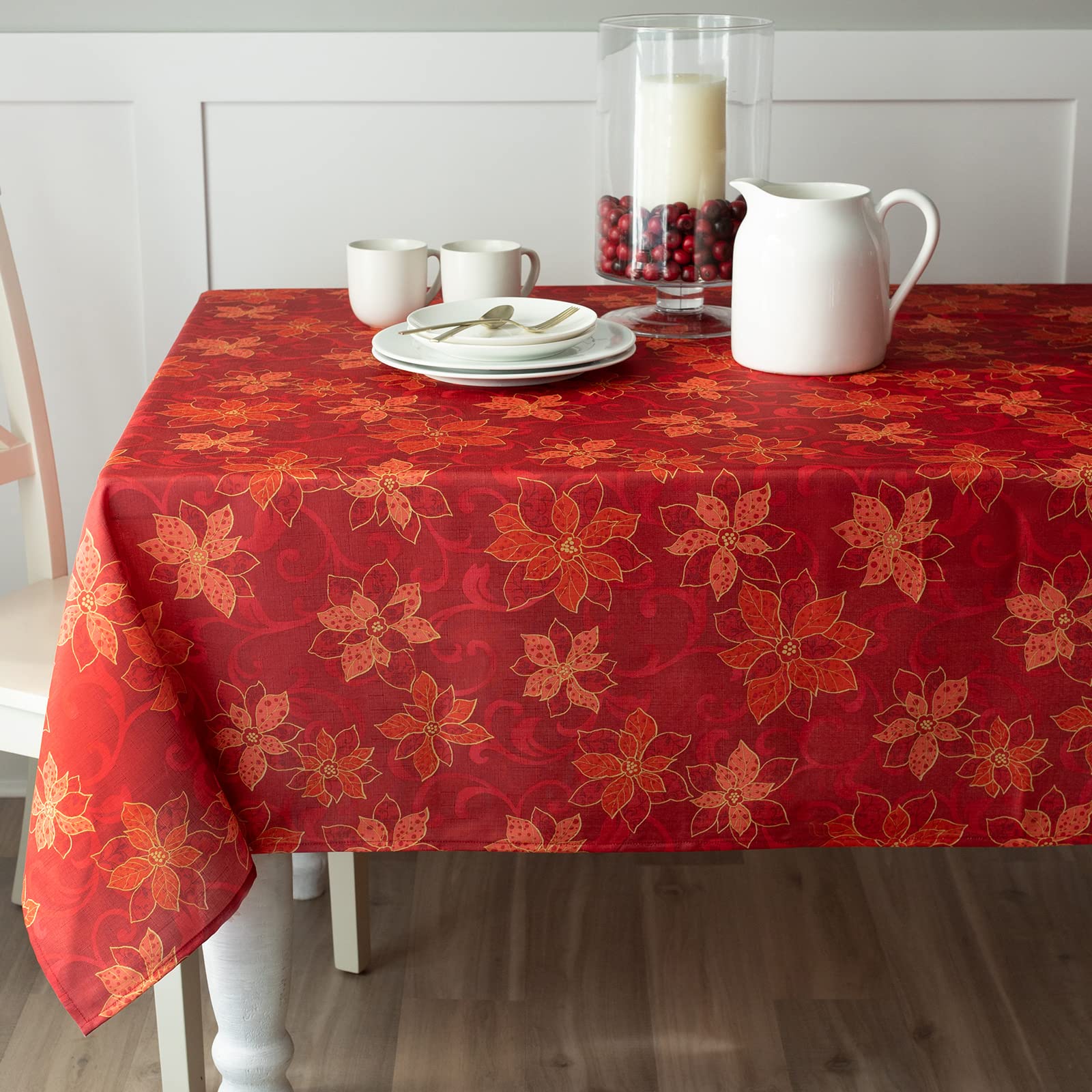 Benson Mills Poinsettia Scroll Printed Rectangle Fabric Table Cloth, Winter, Holiday And Christmas Tablecloth (60'' X 120'' Rect