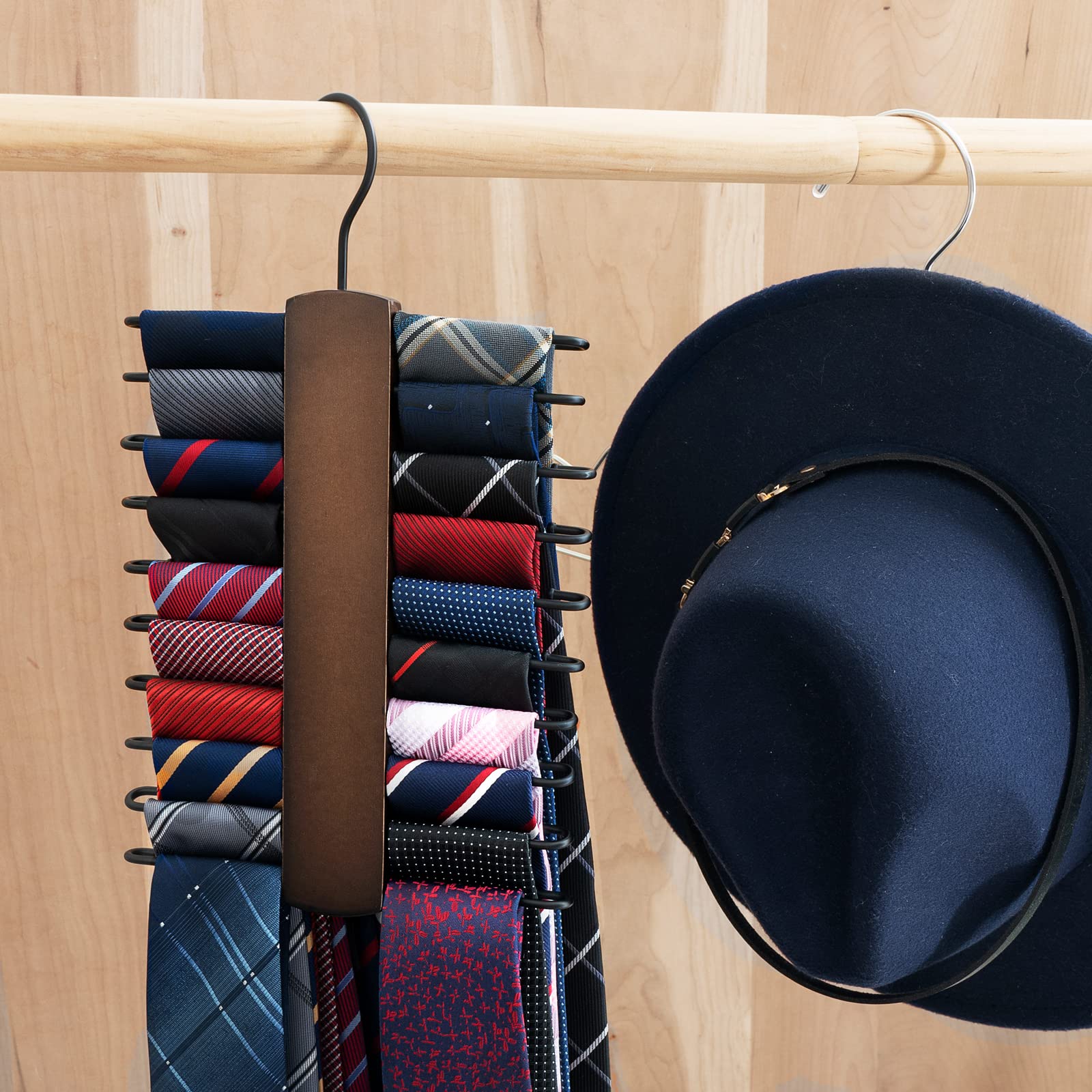 Mkono Wooden Tie Rack Retro Tie Belt Storage Hanger Organizer For Men Closet Space Saving Rack With 20 Non-Slip Hooks For Ties B