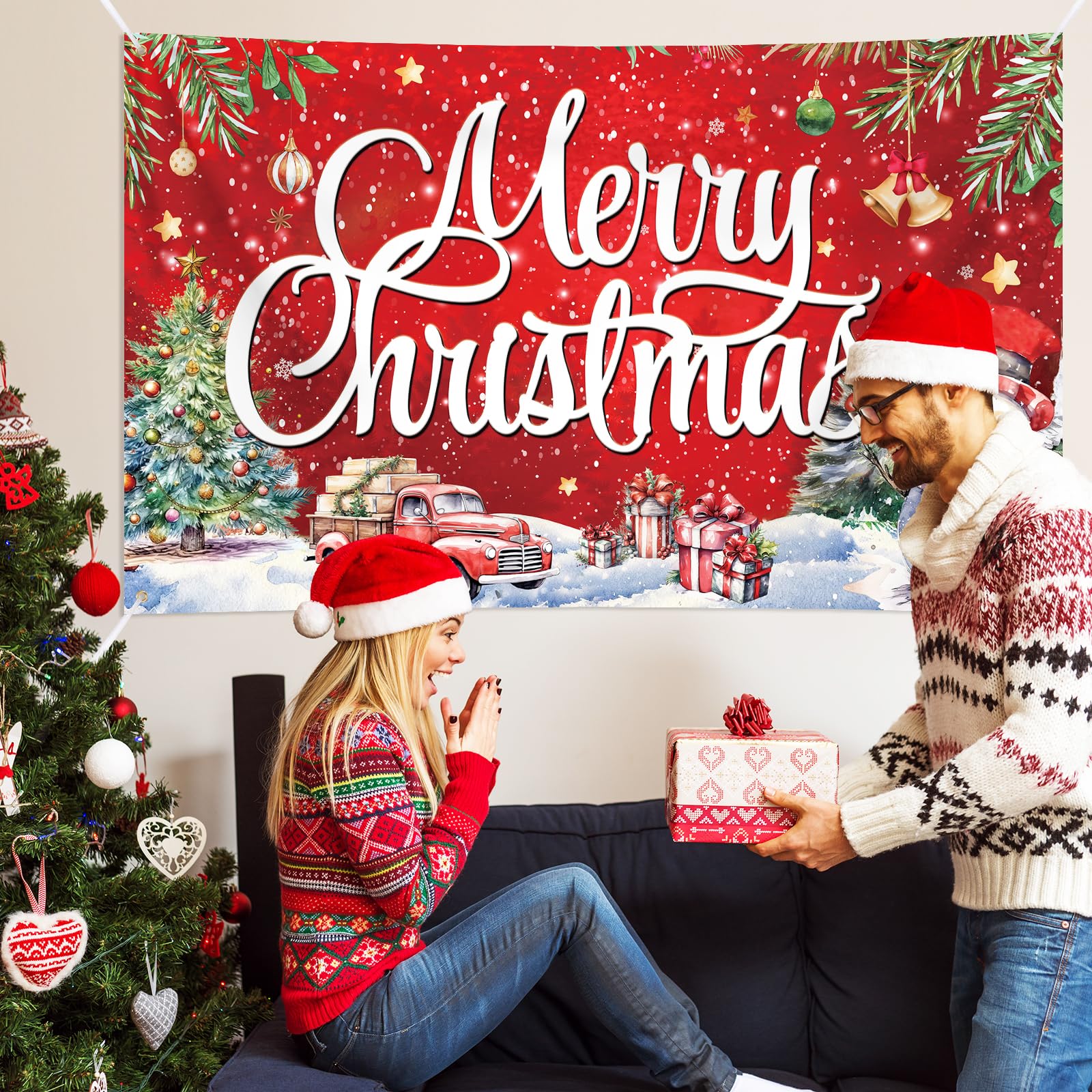 Large Christmas Banner Decorations Red Flag Outdoor 72X44 Inch, Merry For Indoor Home House Decor Party Supplies, Yard Sign Back