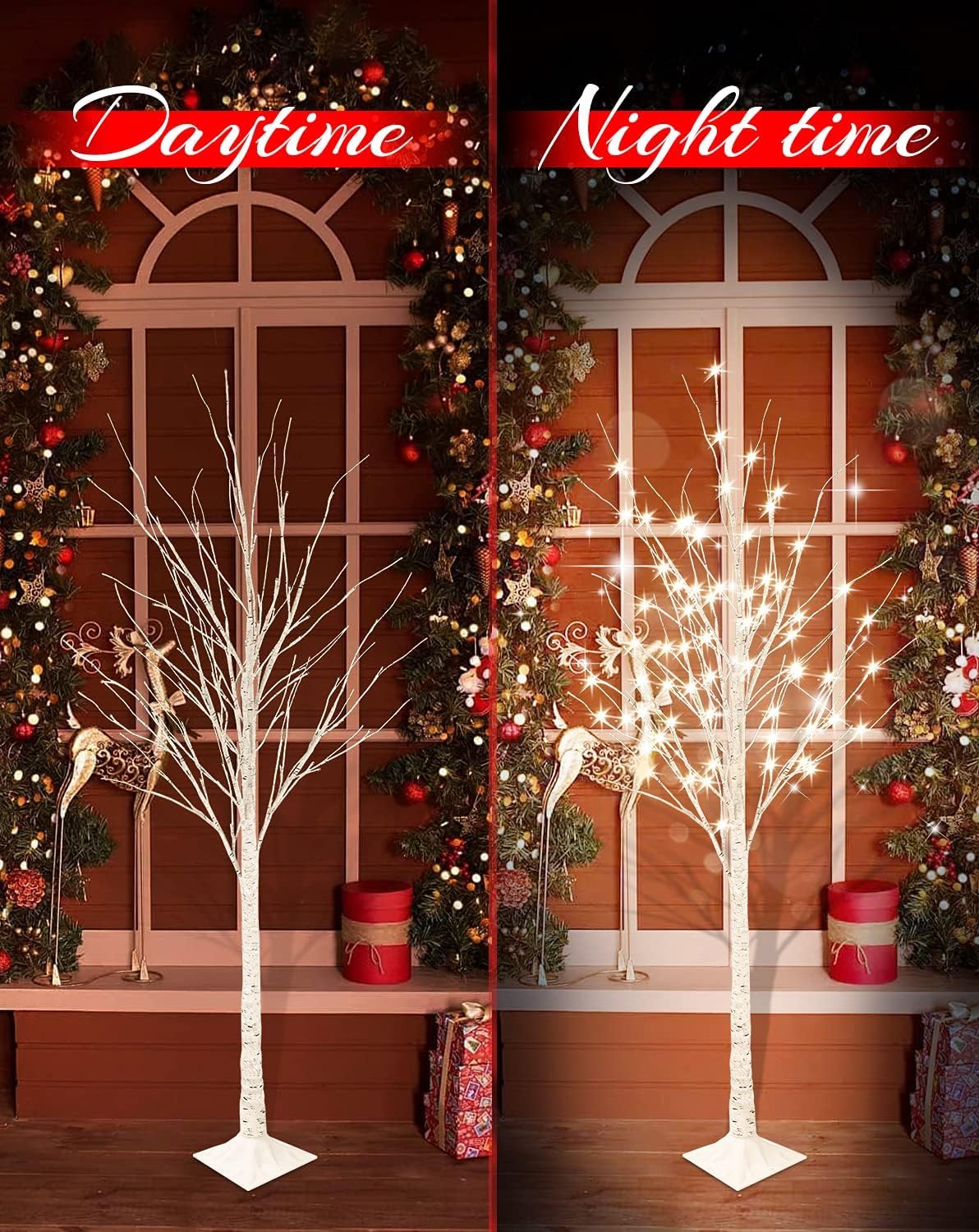 MIERES Lighted Birch Tree for Christmas Decor, Pack of 3 Prelit Christmas Tree 4ft 5ft 6ft, Warm White Christmas Tree for Indoor