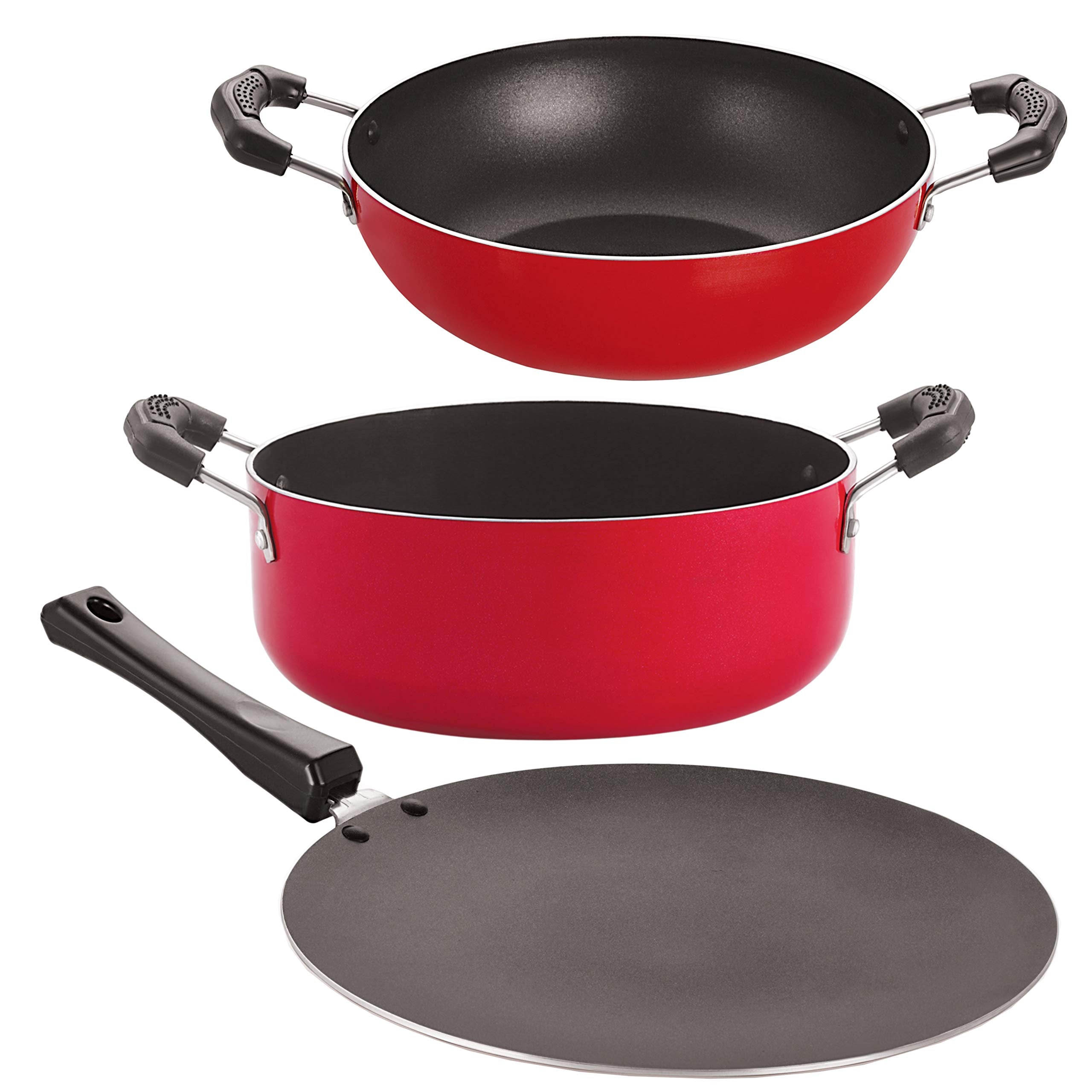 Nirlon NonStick Aluminium Cookware Set, Red & Black Color (3Pieces) (Ct11_Kd12_Cs24)