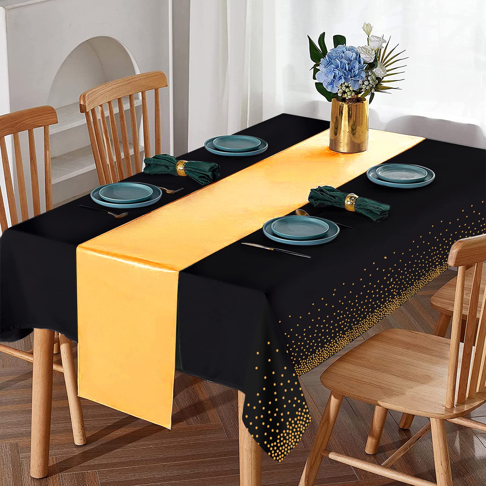 8Pack Disposable Plastic Tablecloths And Satin Table Runner Set Black Gold Dot Table Cloth Gold Satin Table Runner For Graduatio