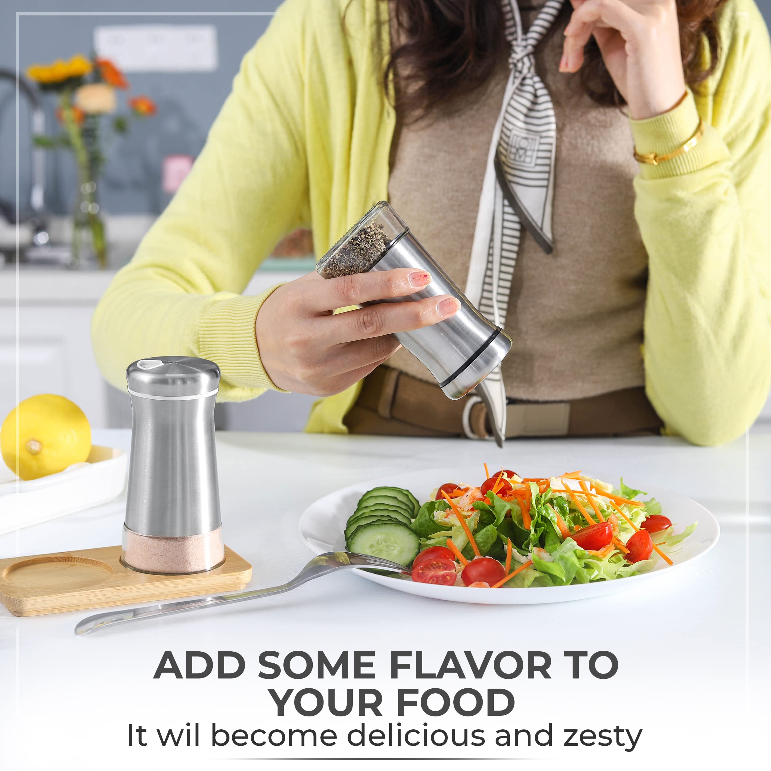 Salt And Pepper Shakers Set With Adjustable Pour Holes - Elegant Stainless Steel Spice Dispenser - Perfect For Himalayan, Table