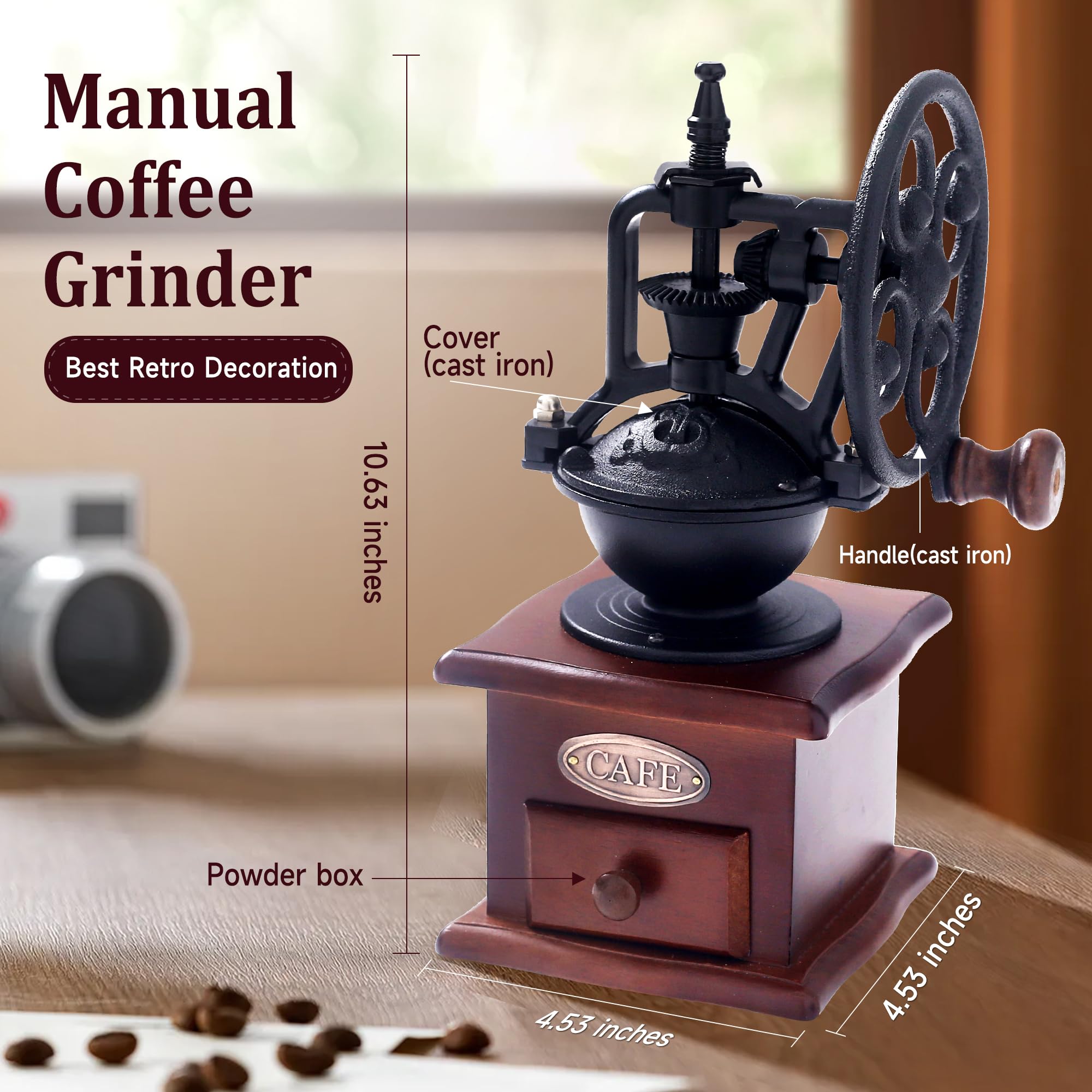Manual Coffee Grinder Vintage Wooden Coffee Bean Grinder Hand Grinder Roller Antique Coffee Mill For Making Mesh Coffee Classic