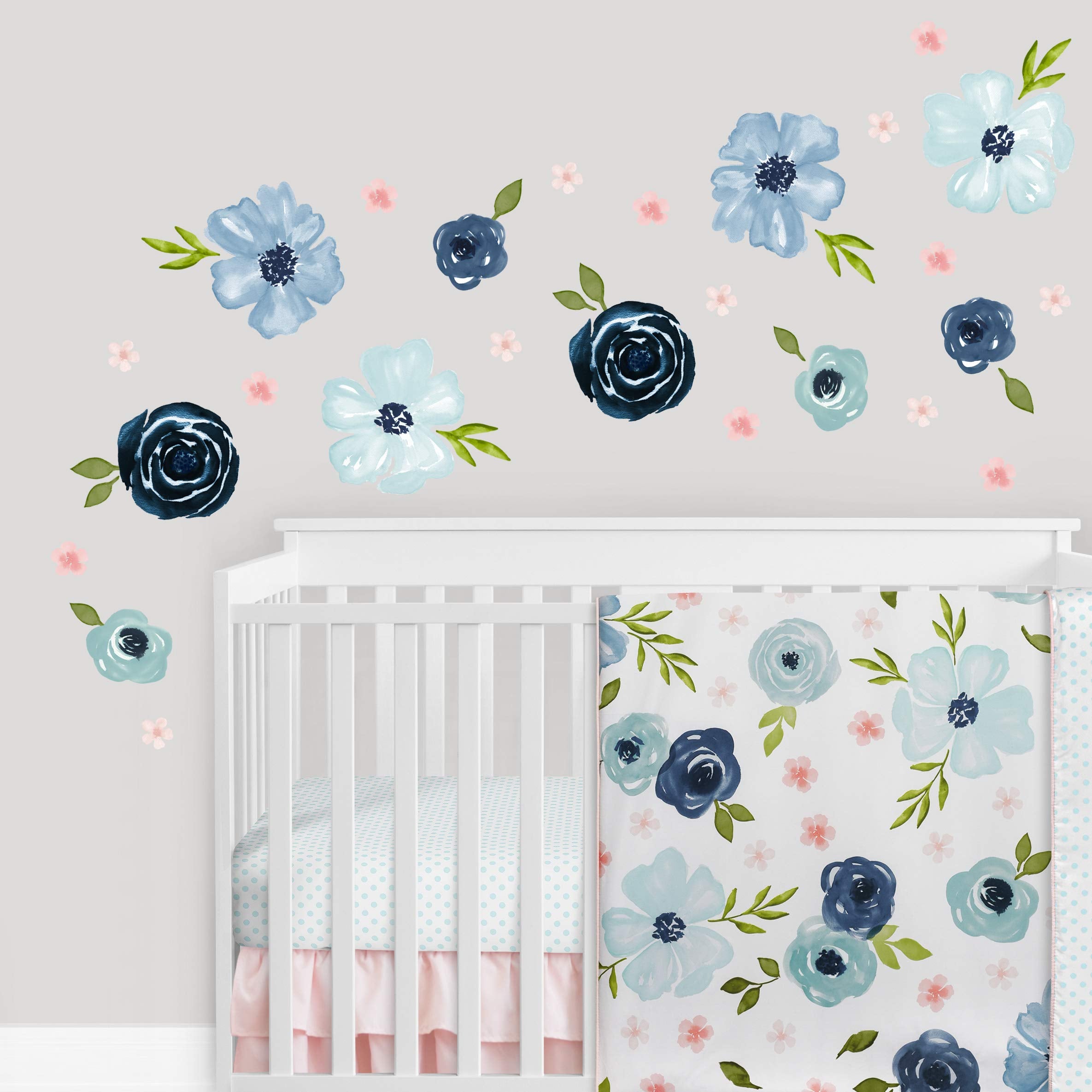 Sweet Jojo Designs Blue Watercolor Floral Large Peel and Stick Wall Decal Stickers Art Nursery Decor Mural - Set of 4 Sheets - B
