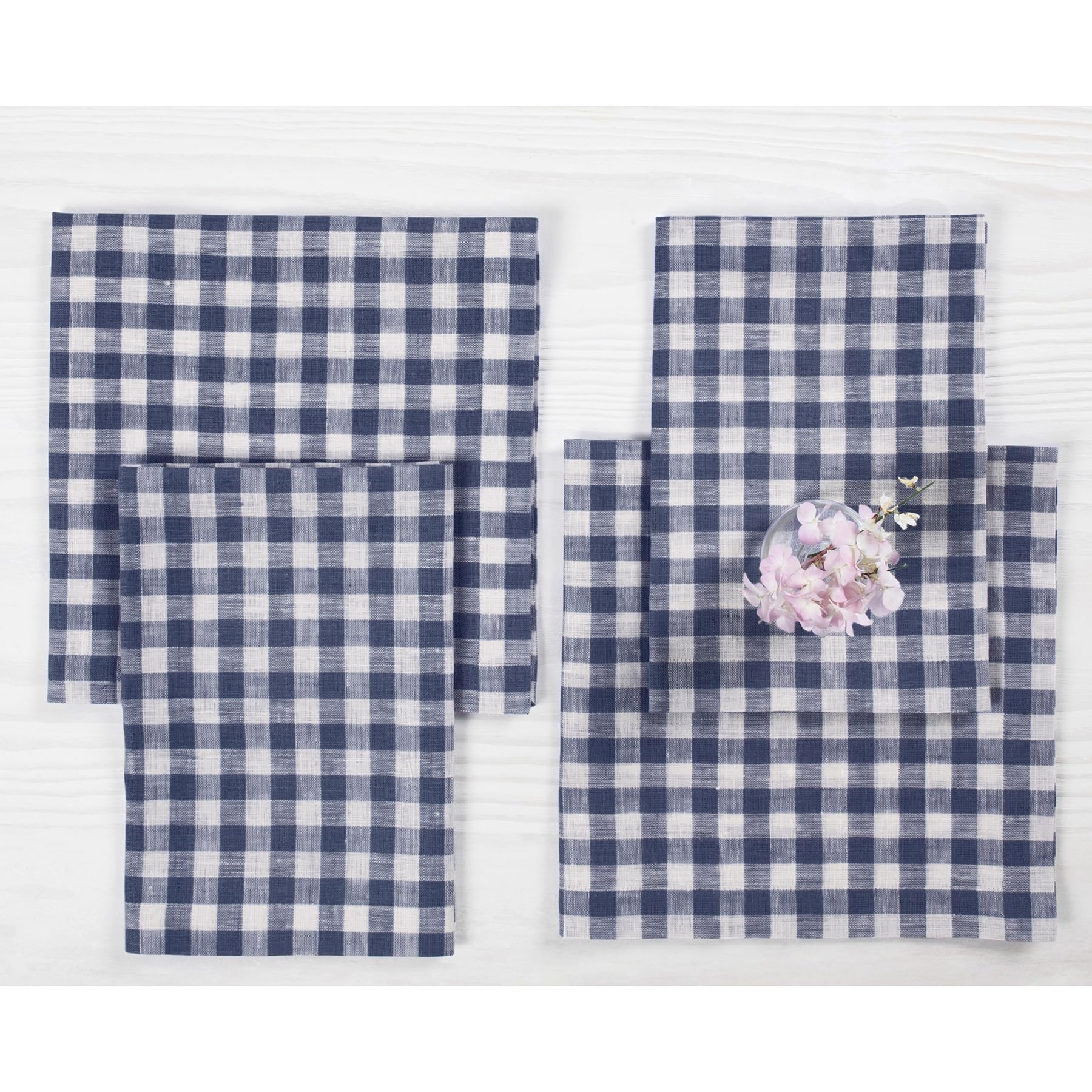 Solino Home Check Linen Dinner Napkins 20 X 20 Inch - 100% Pure Linen Navy Plaid Cloth Napkins Set Of 4 For Spring, Easter - Gin