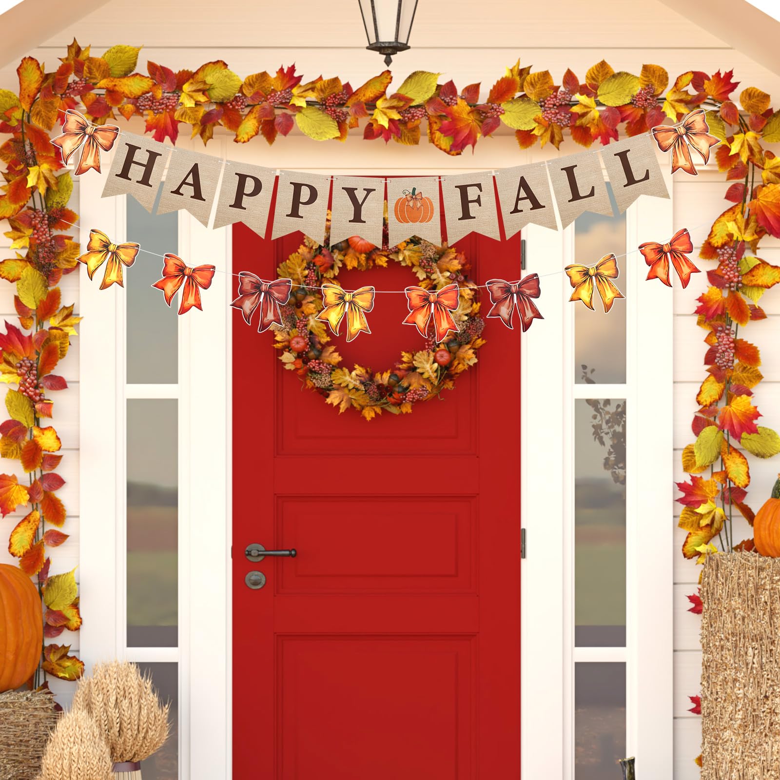 Oudain 2 Pack Happy Fall Burlap Banner with Bows Garland 6.56 ft Fall Banner Decor for Fireplace Autumn Bow Garland Paper Hangin