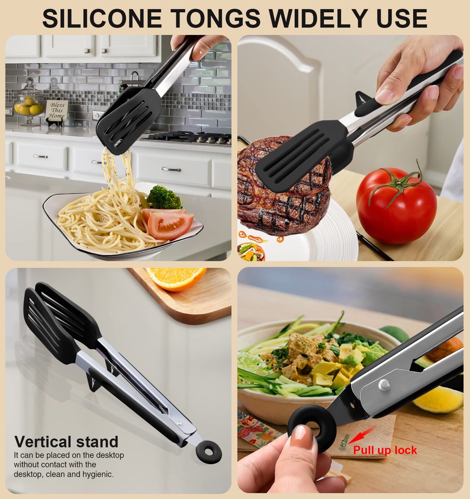 4Pcs Flexible Silicone Spatula Turner Set And Kitchen Food Tongs With Silicone Tips, 600F Heat Resistant, Ideal For Flipping Egg