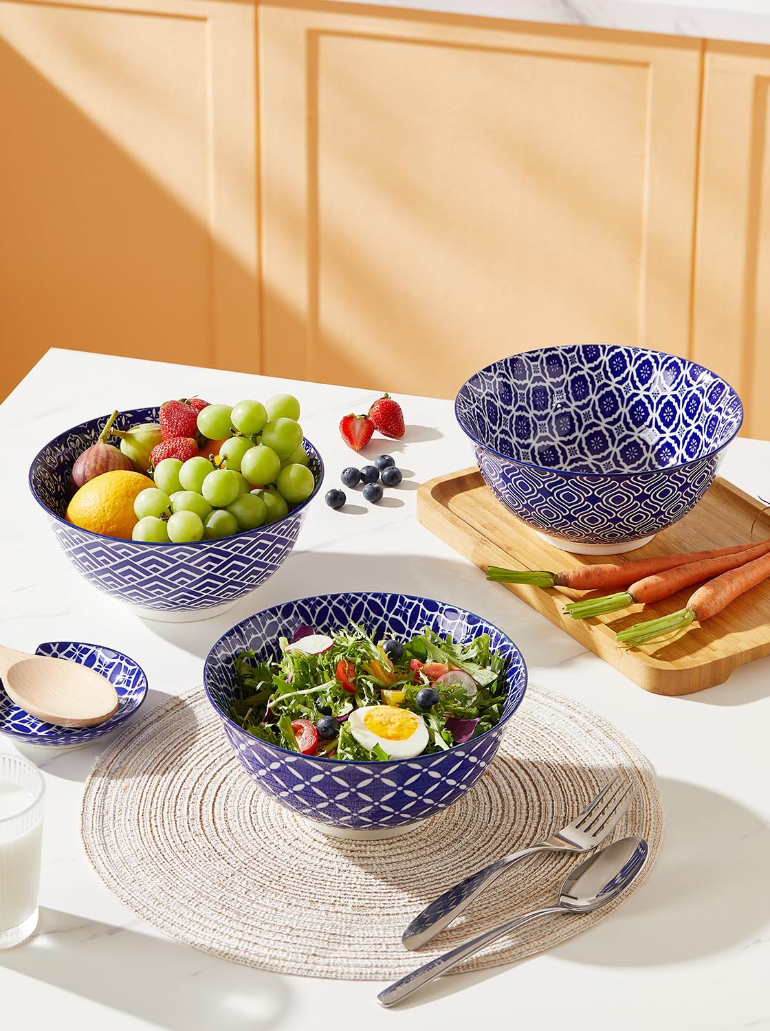 Metahom Large Salad Bowls, 48 Oz Serving Bowls For Soup, Pho, Pasta, Blue And White Ceramic Bowls For Kitchen, Set Of 3, Microwa