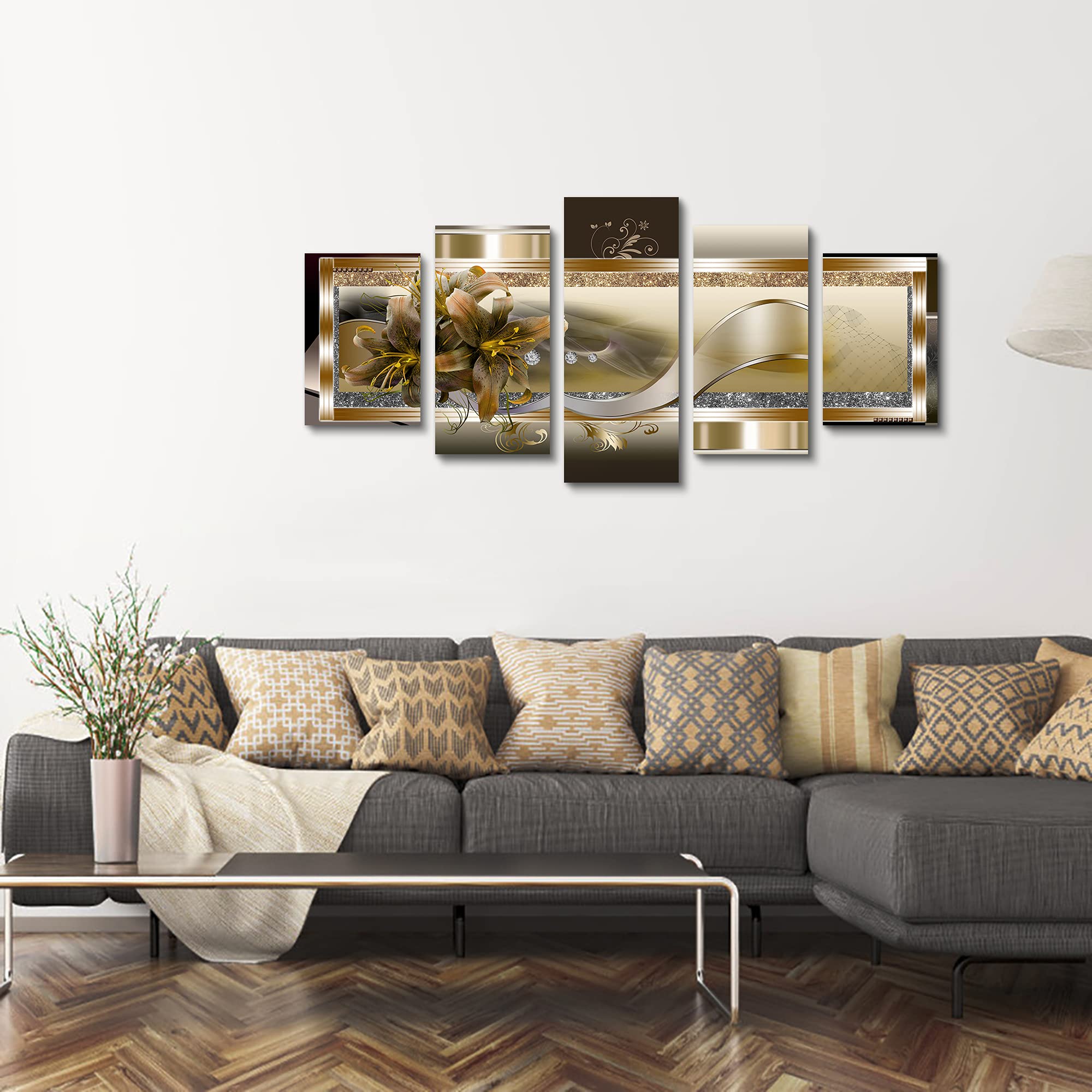 5 Panel Yellow Orchid Flowers Canvas Print - Abstract Golden Floral Wall Decor Poster, 5 Pieces Wall Art Painting Decor For Home