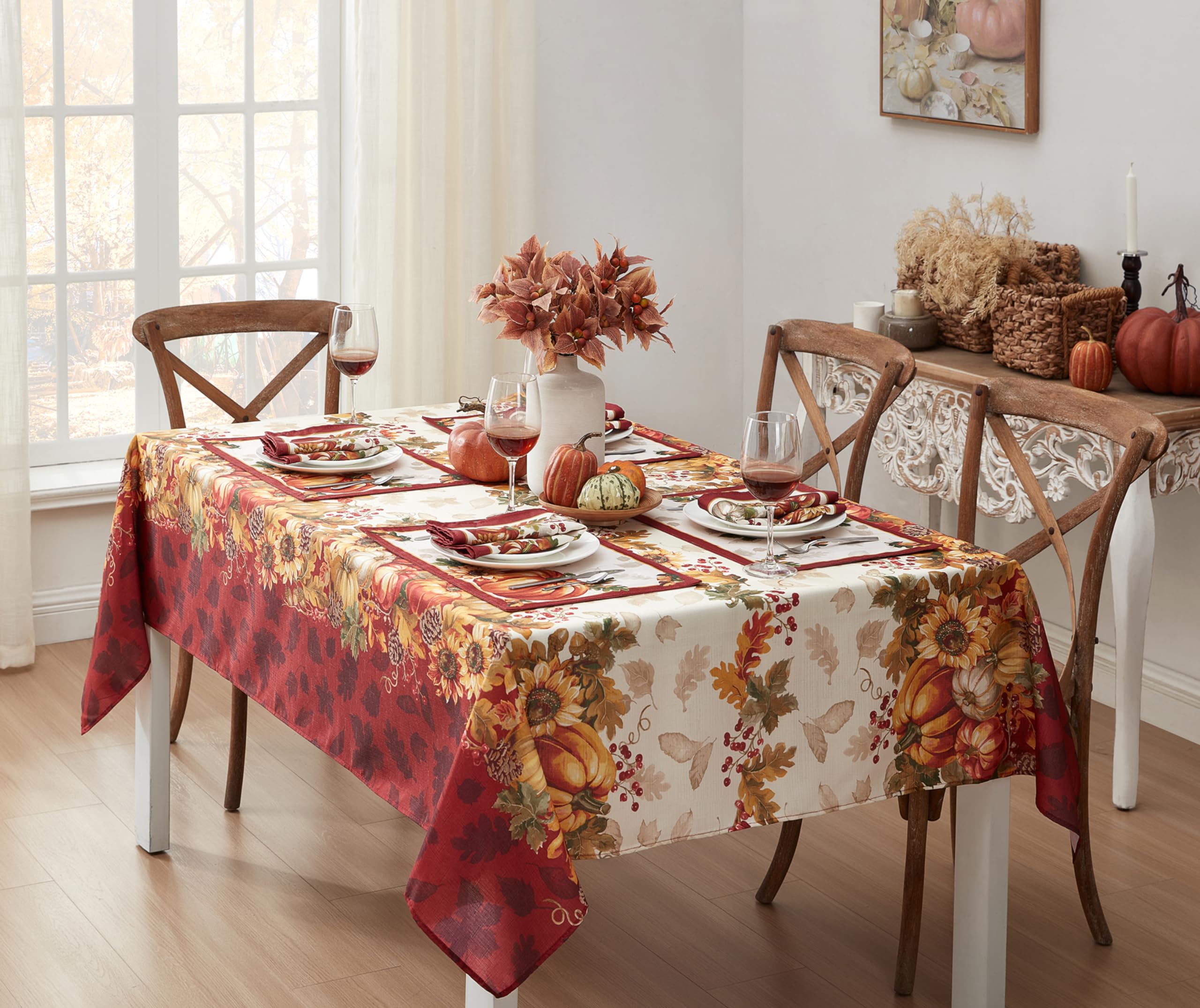Newbridge Thanksgiving Autumns Bounty Bordered Rectangle Fabric Tablecloth, 60 x 84 Inch, Bountiful Farm Pumpkin Fall Harvest Mu