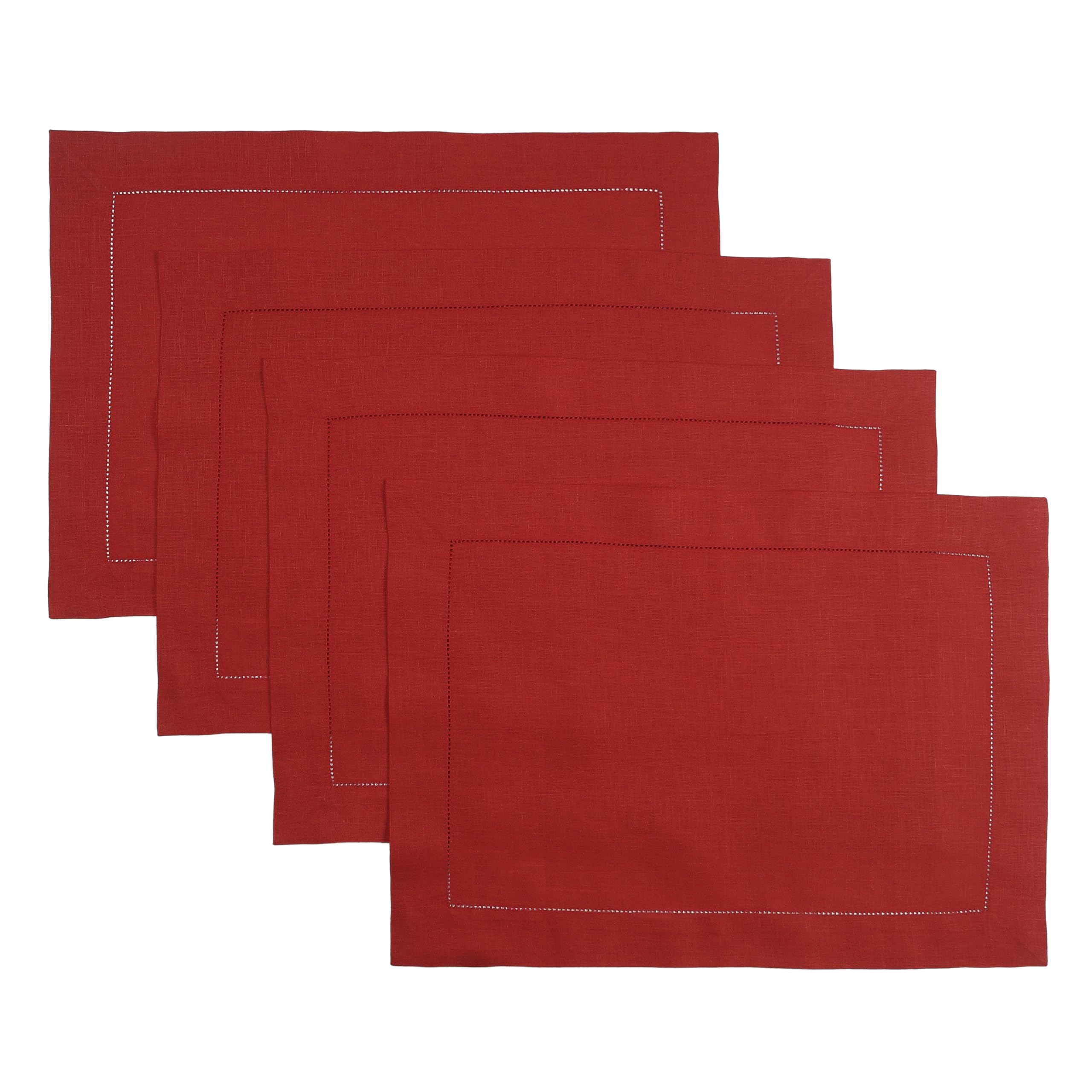 D'Moksha Homes Linen Placemats Set Of 8-100% Pure Linen Bright Red Placemats 14 X 19 Inch - Classic Hemstitch, Washable Bright R