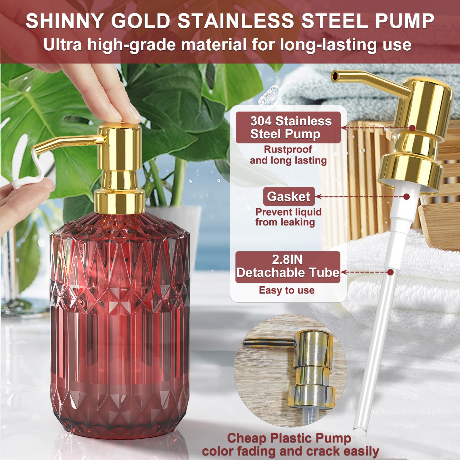 5Pcs Bathroom Accessories Set, Glass Soap Dispenser Set With Rust Proof Stainless Steel Pump, Soap Holder, Toothbrush Holder, Tu