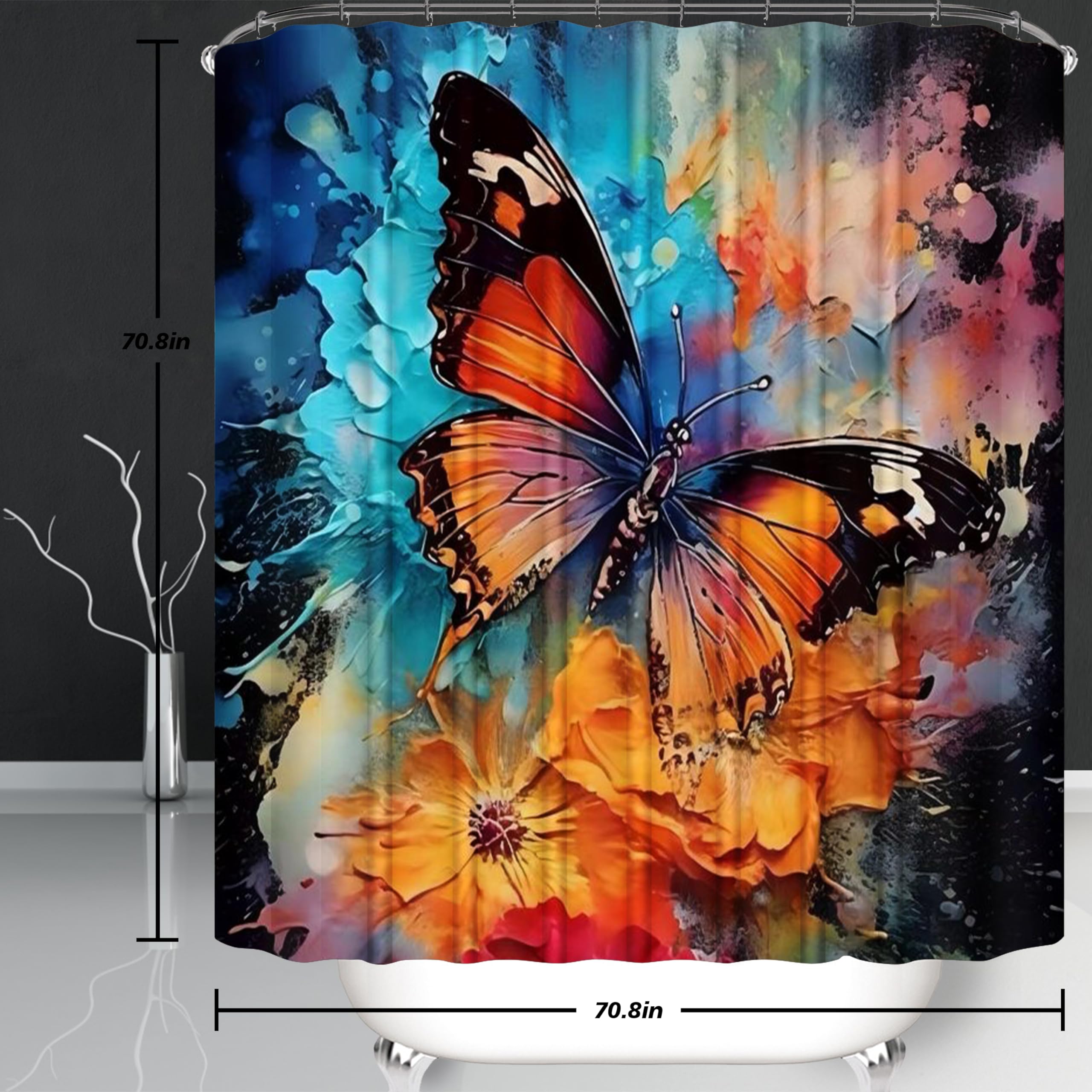 Pretyw 4 Pcs Flower Butterfly Shower Curtain Set With Non-Slip Rug, Toilet Lid Cover And Mat, Colorful Butterfly Shower Curtain